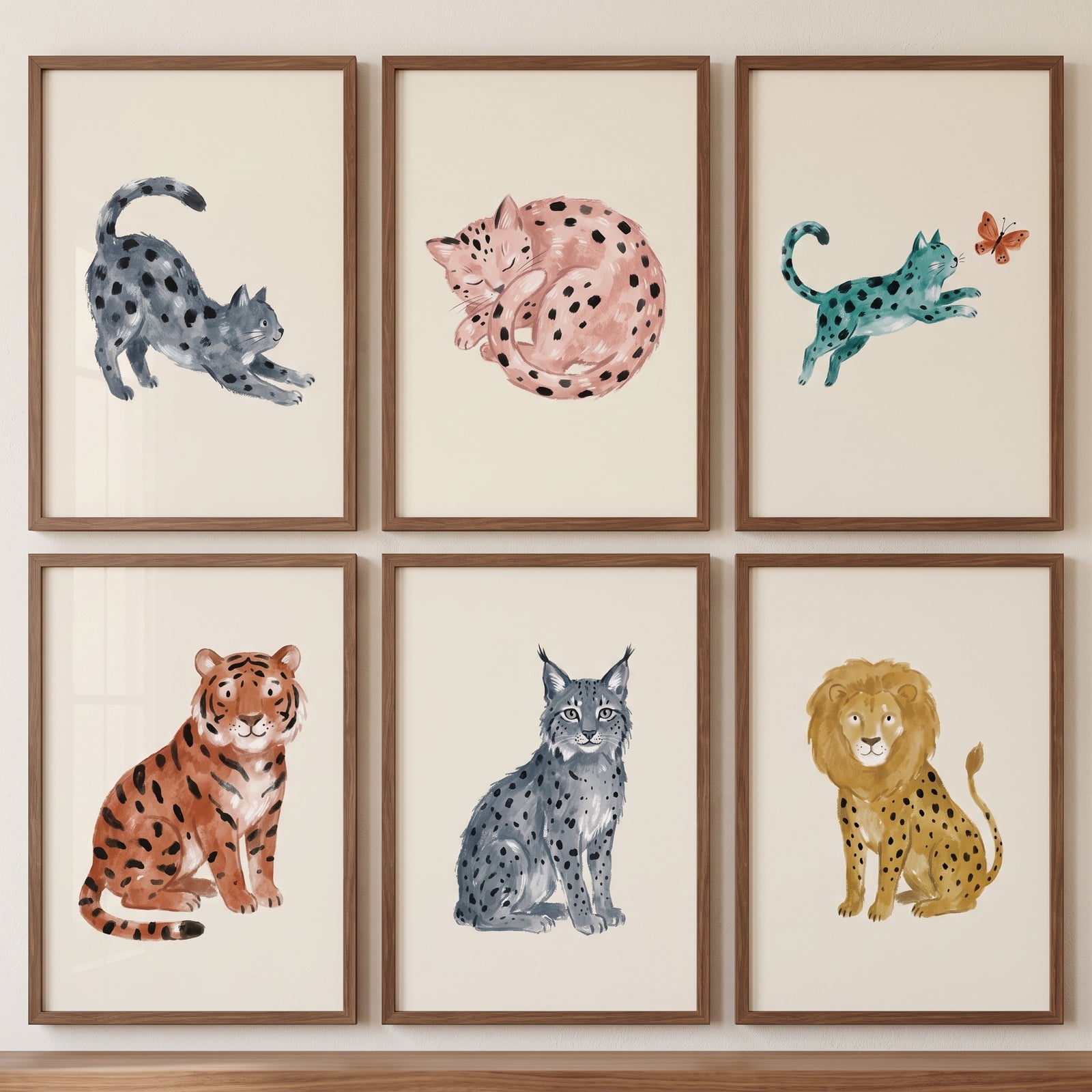 Neutral watercolor wild cat wall art set of 6 featuring framed tiger, lion, lynx, and spotted cat illustrations.