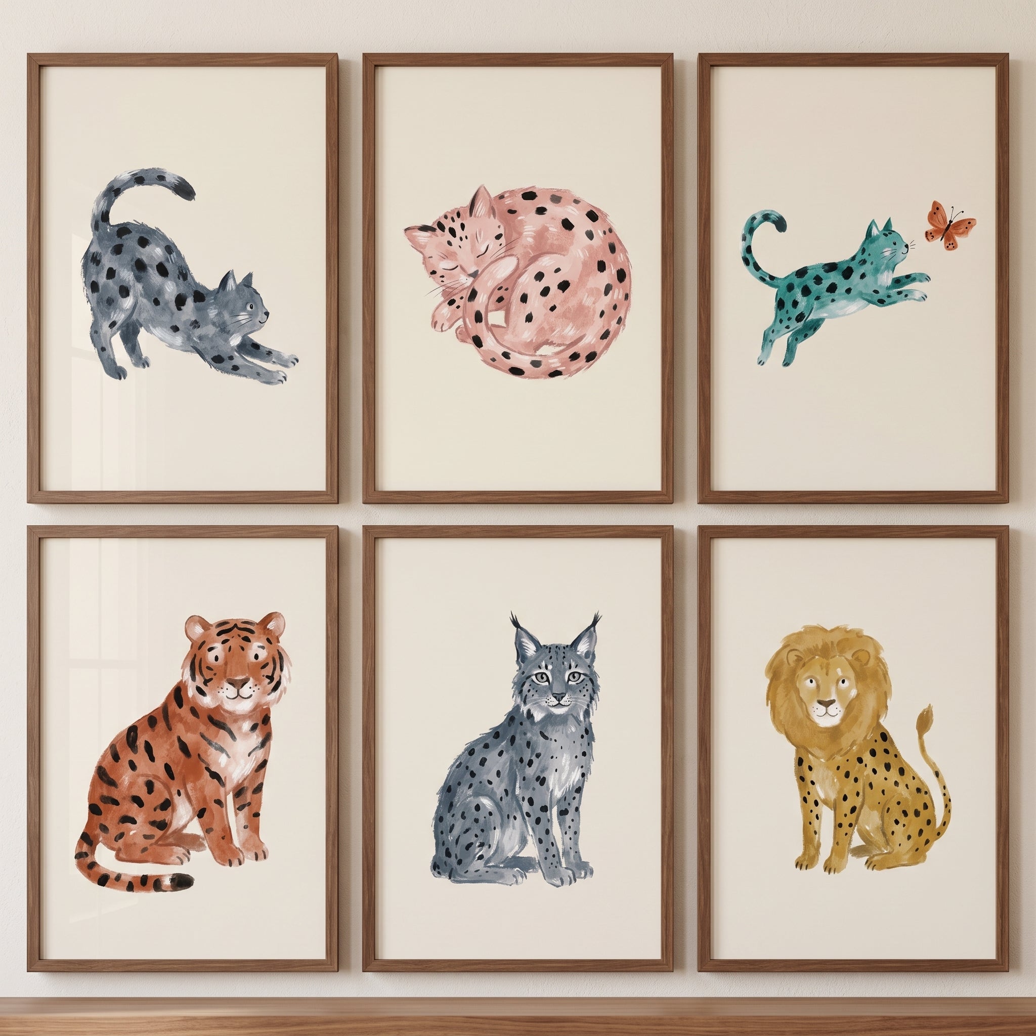 Neutral Watercolor Wild Cat Wall Art Set of 6 - Whimsical Feline Friends