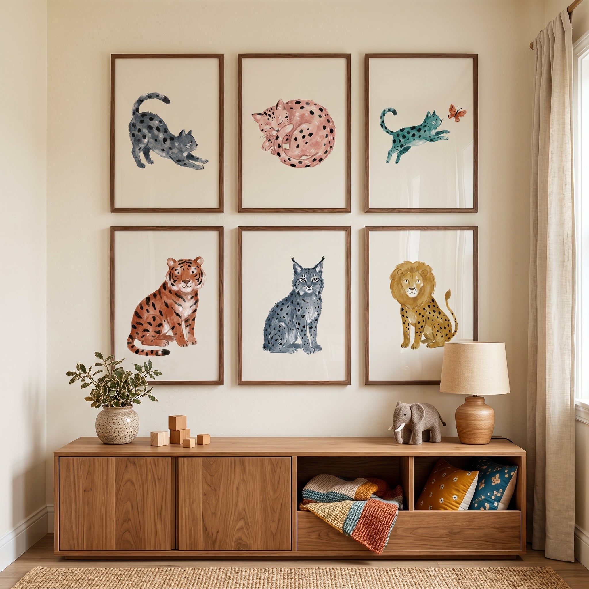 Neutral Watercolor Wild Cat Wall Art Set of 6 - Whimsical Feline Friends