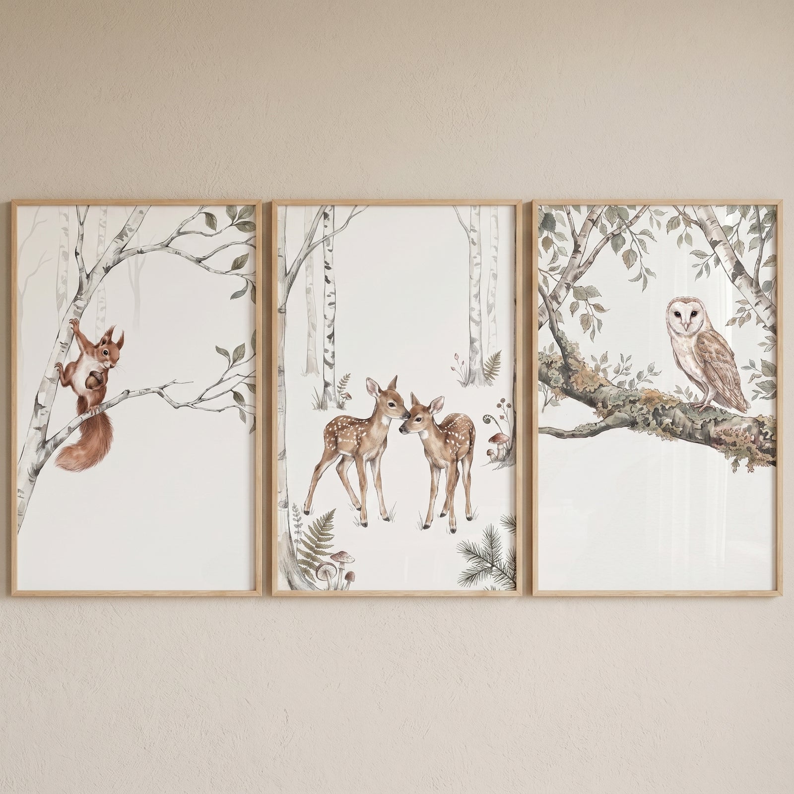 Neutral watercolor woodland animal wall art set of 3 featuring a squirrel, two deer fawns, and an owl in a forest.