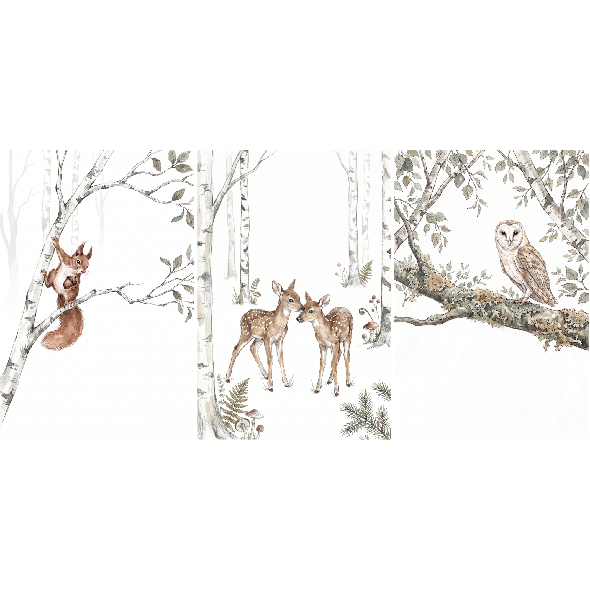 Neutral Watercolor Woodland Animal Wall Art Set of 3 - Forest Animal Series