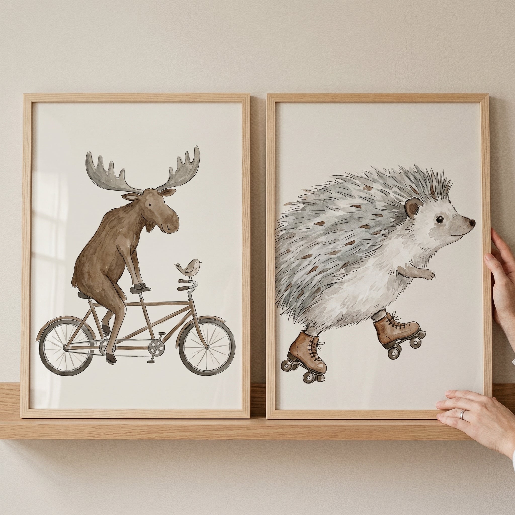 Neutral Watercolor Woodland Animals Wall Art Set of 2 - Rolling Forest Friends