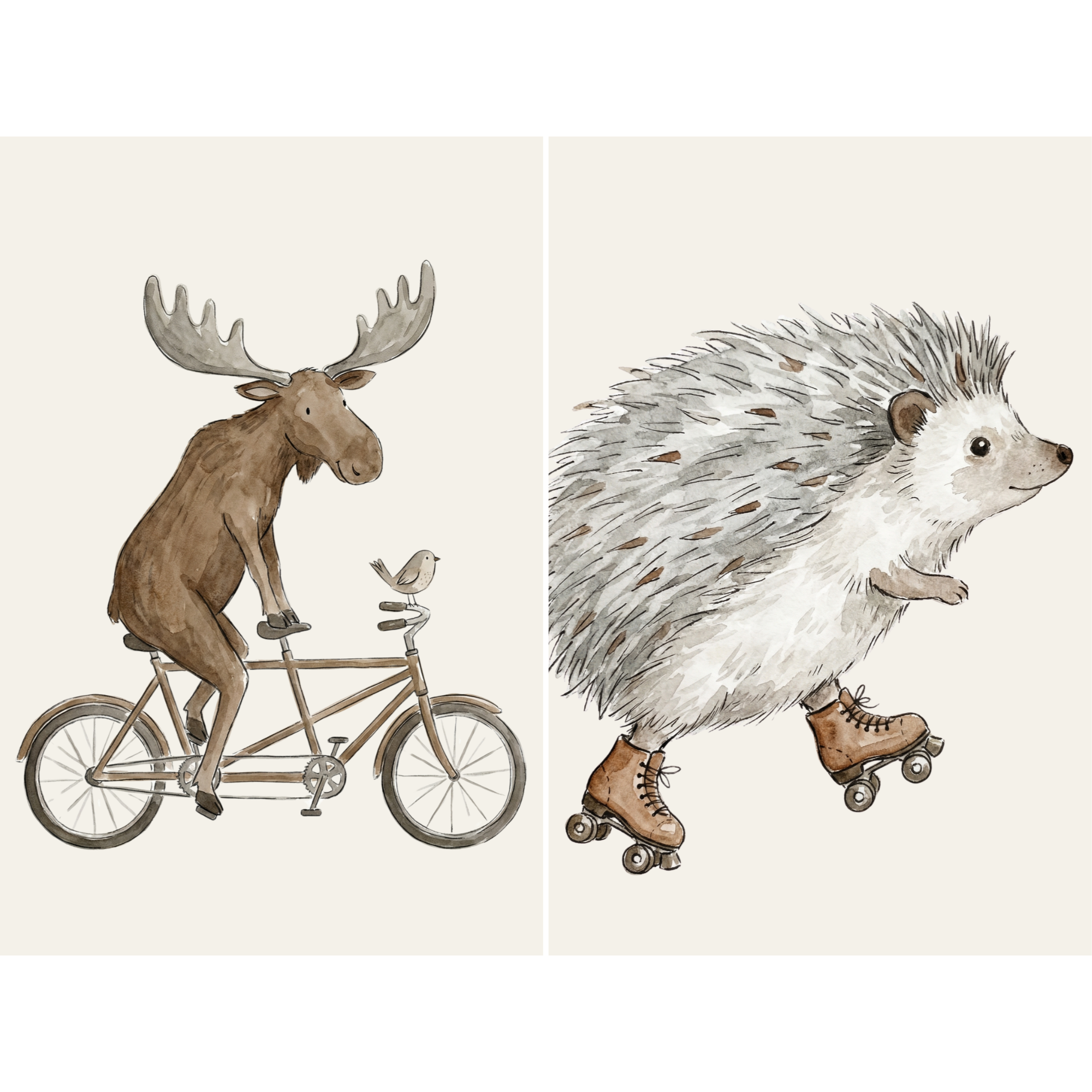 Neutral Watercolor Woodland Animals Wall Art Set of 2 - Rolling Forest Friends