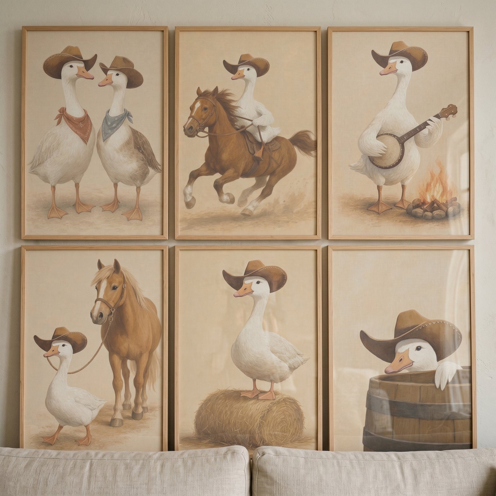 Neutral western cowboy goose wall art set of 6 showing geese in hats riding a horse, playing banjo, and on a hay bale.