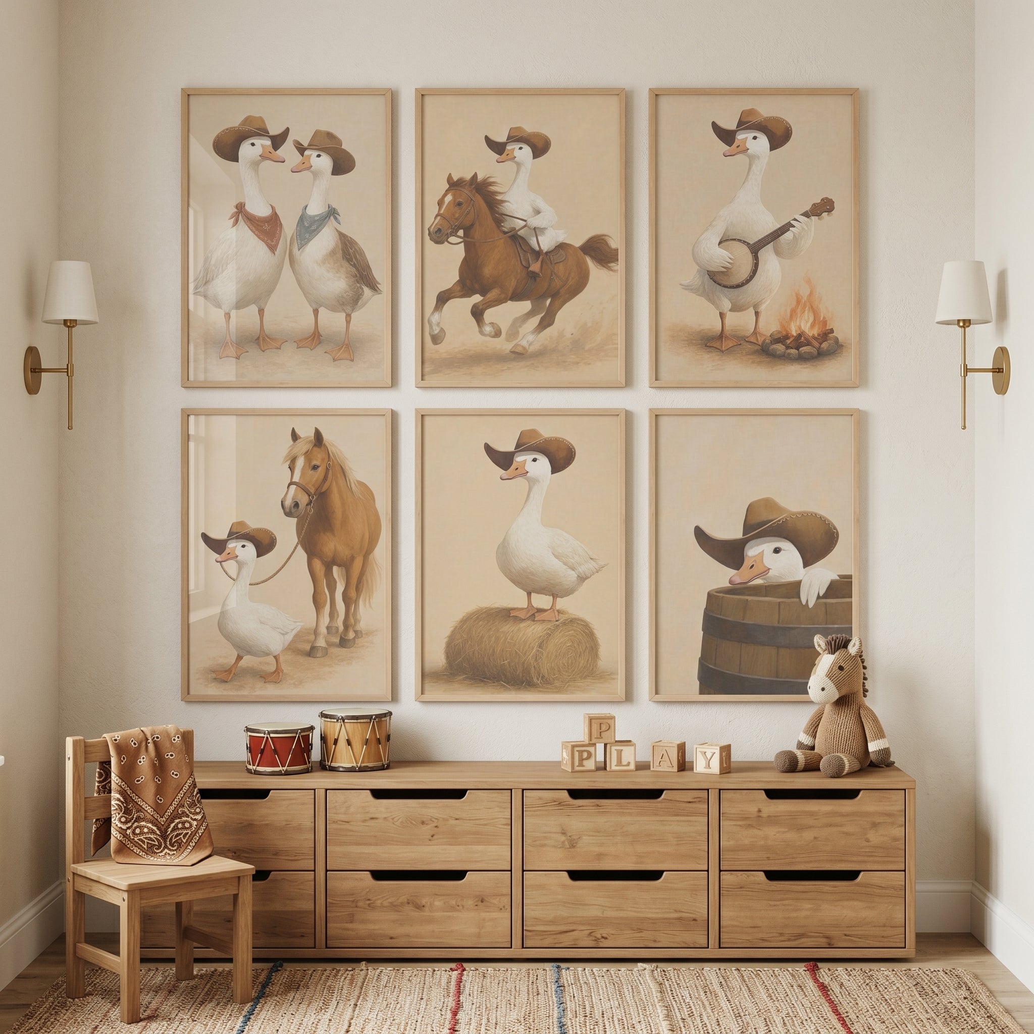 Neutral Western Cowboy Goose Wall Art Set of 6 - Wild West Geese