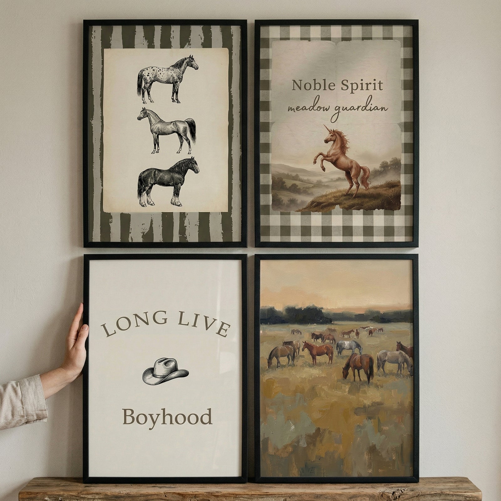 Neutral western horse wall art set of 4 featuring vintage-style horse illustrations and a cowboy hat in black frames.