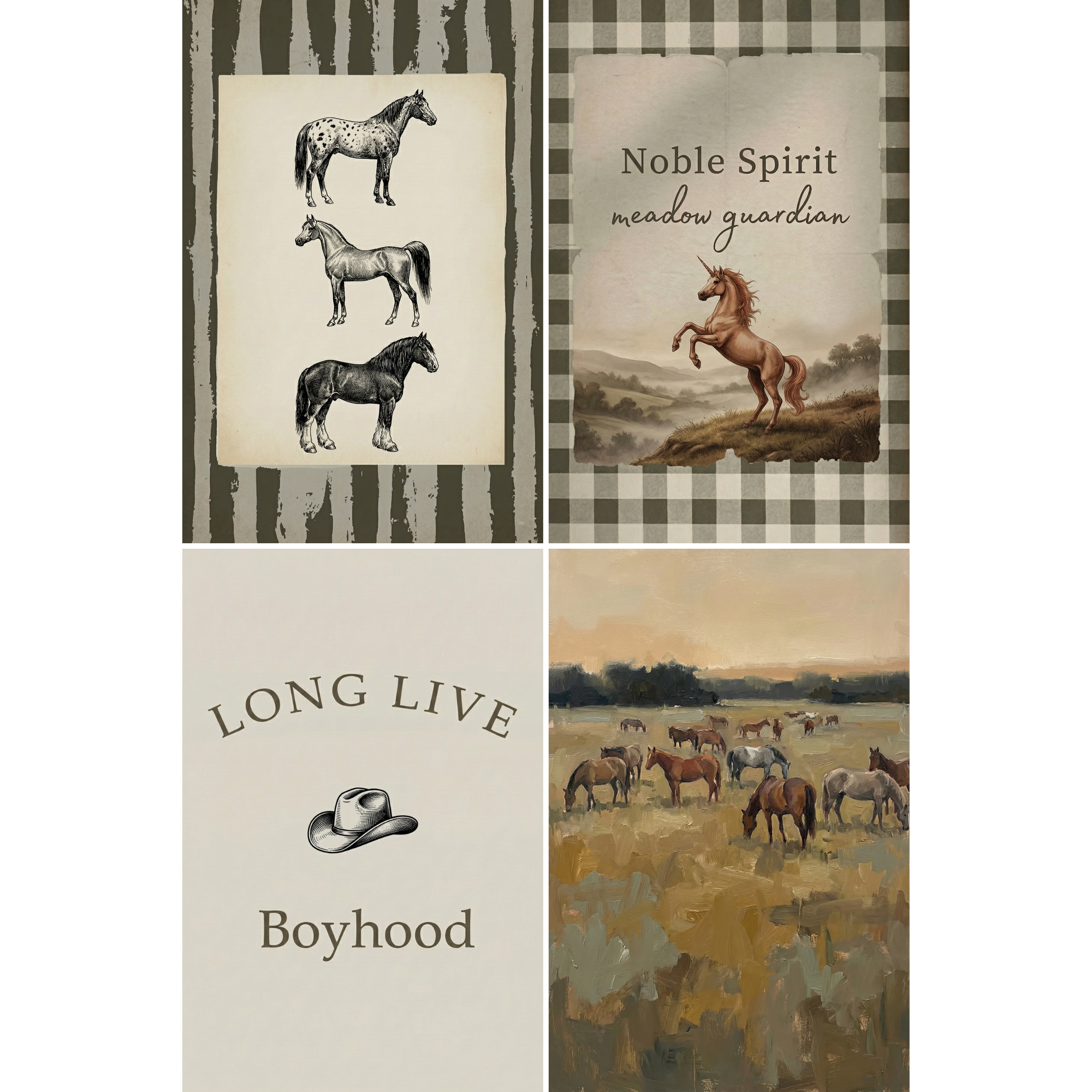 Neutral Western Horse Wall Art Set of 4 - Noble Equine Spirit