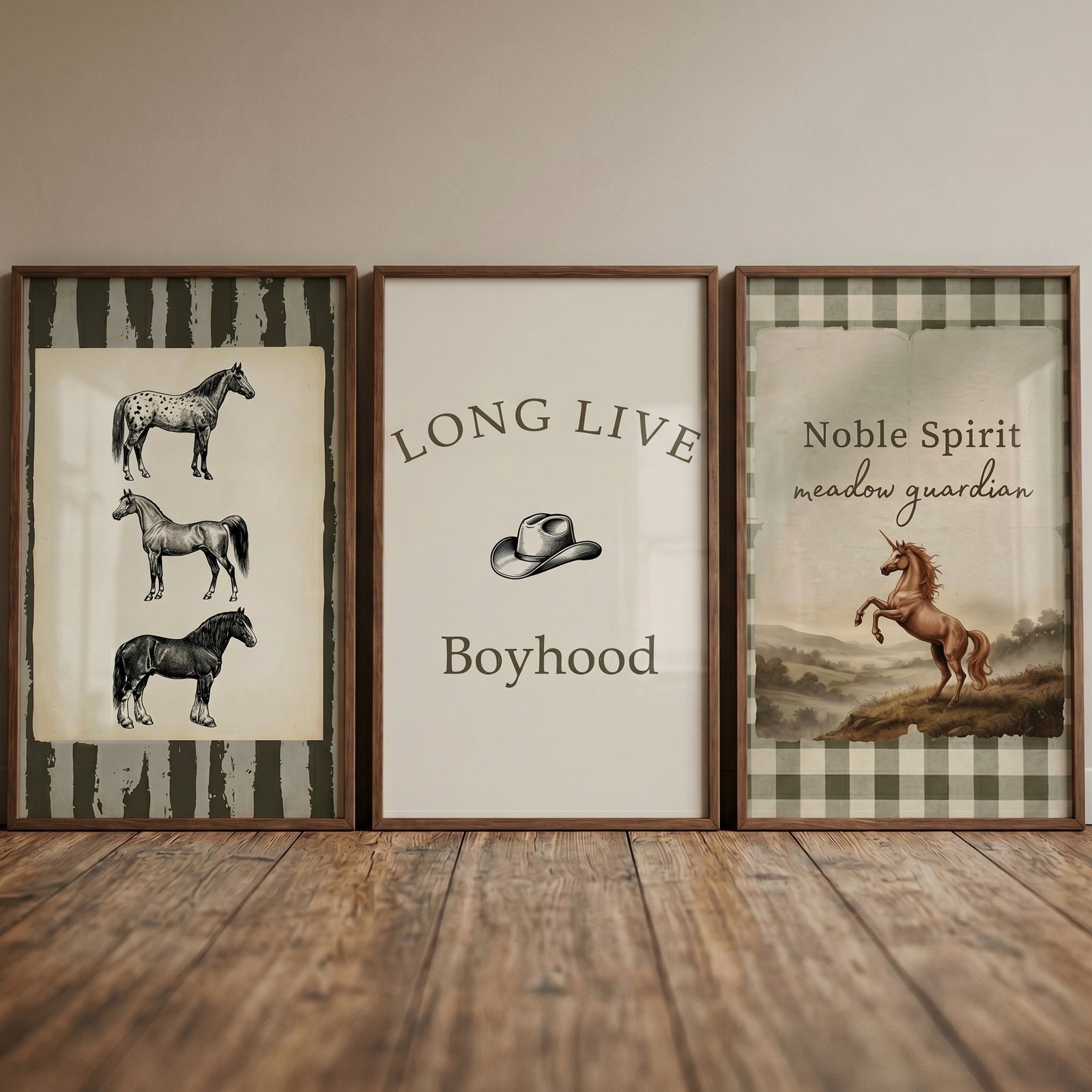 Neutral western nursery horse wall art set of 3 with horse illustrations and cowboy themes on a wood floor.
