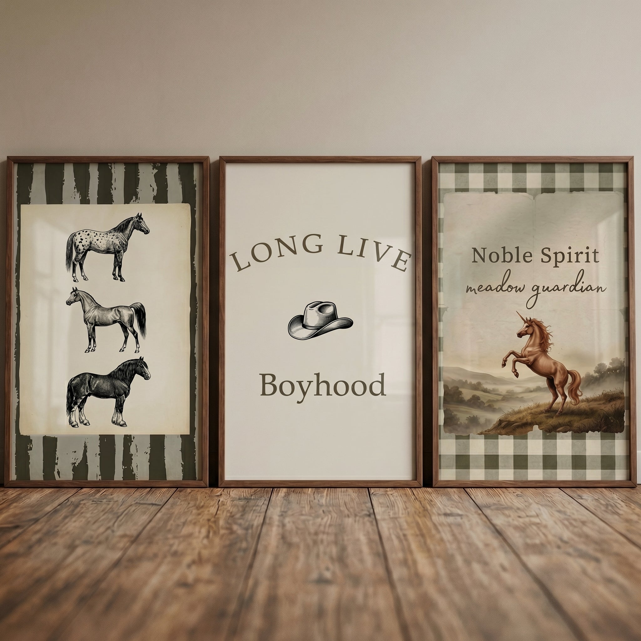 Neutral Western Nursery Horse Wall Art Set of 3 - Wild Horse Spirit