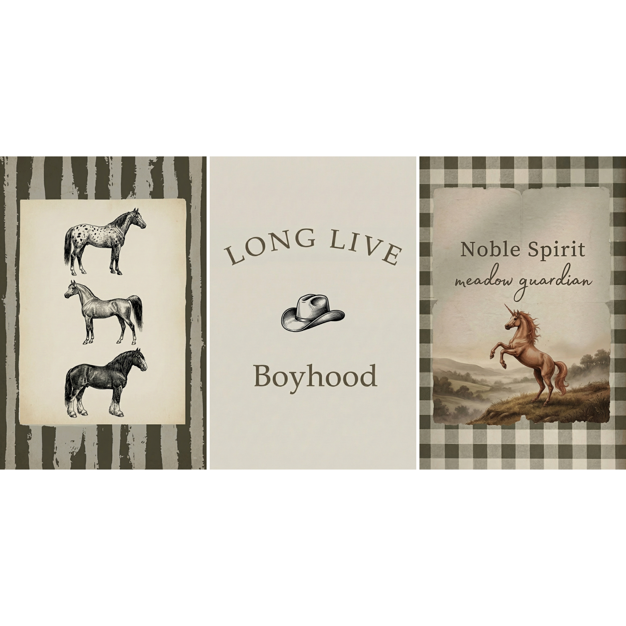 Neutral Western Nursery Horse Wall Art Set of 3 - Wild Horse Spirit