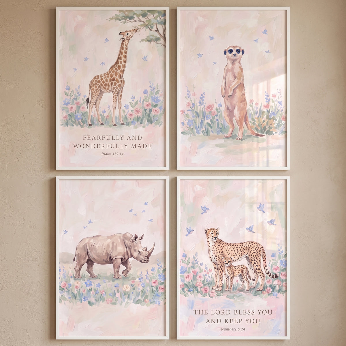 Neutral wildflower safari animals wall art set of 4 featuring a giraffe, meerkat, rhino, and cheetahs with Bible verses.