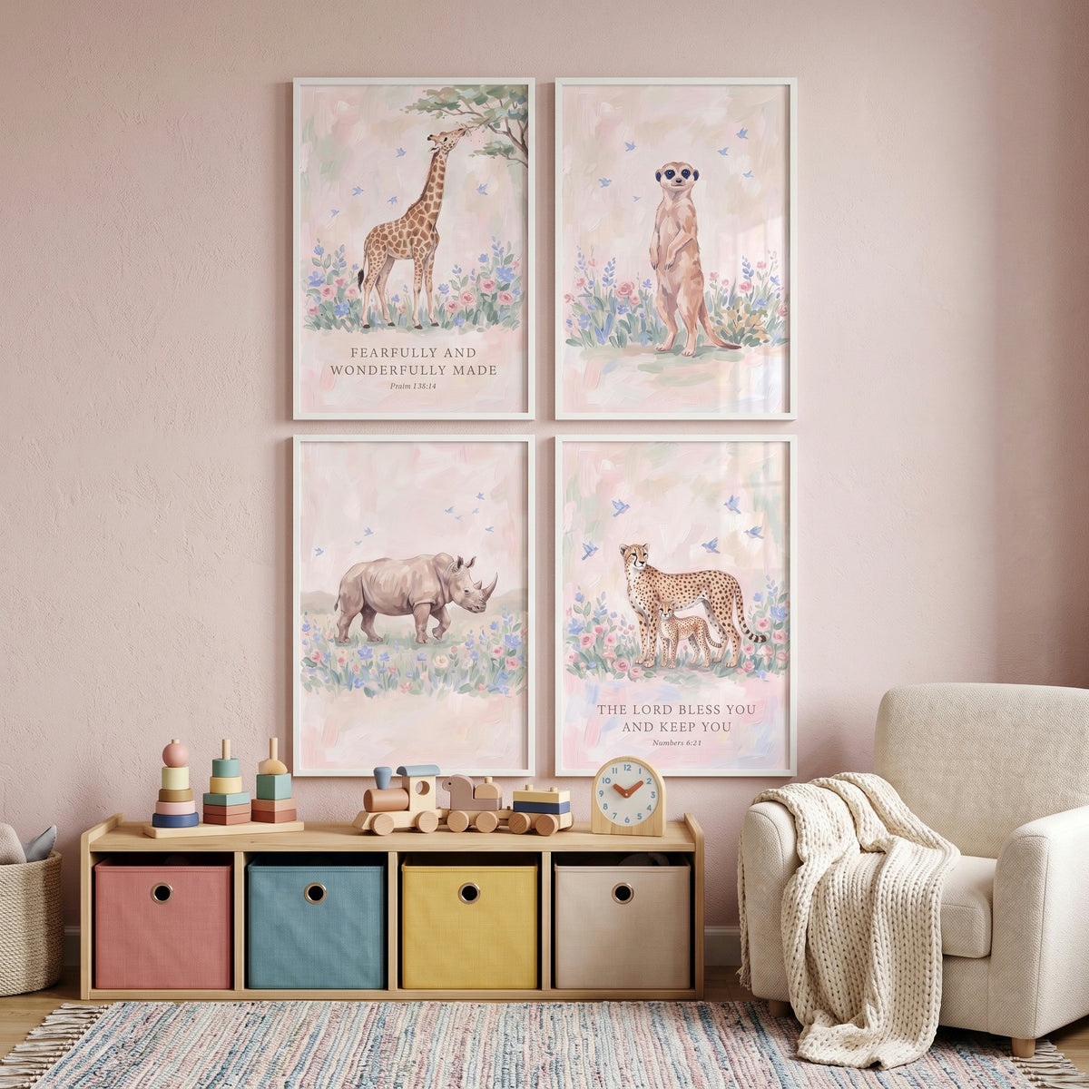 Neutral Wildflower Safari Animals Wall Art Set Of 4 - Gentle Animal Verses