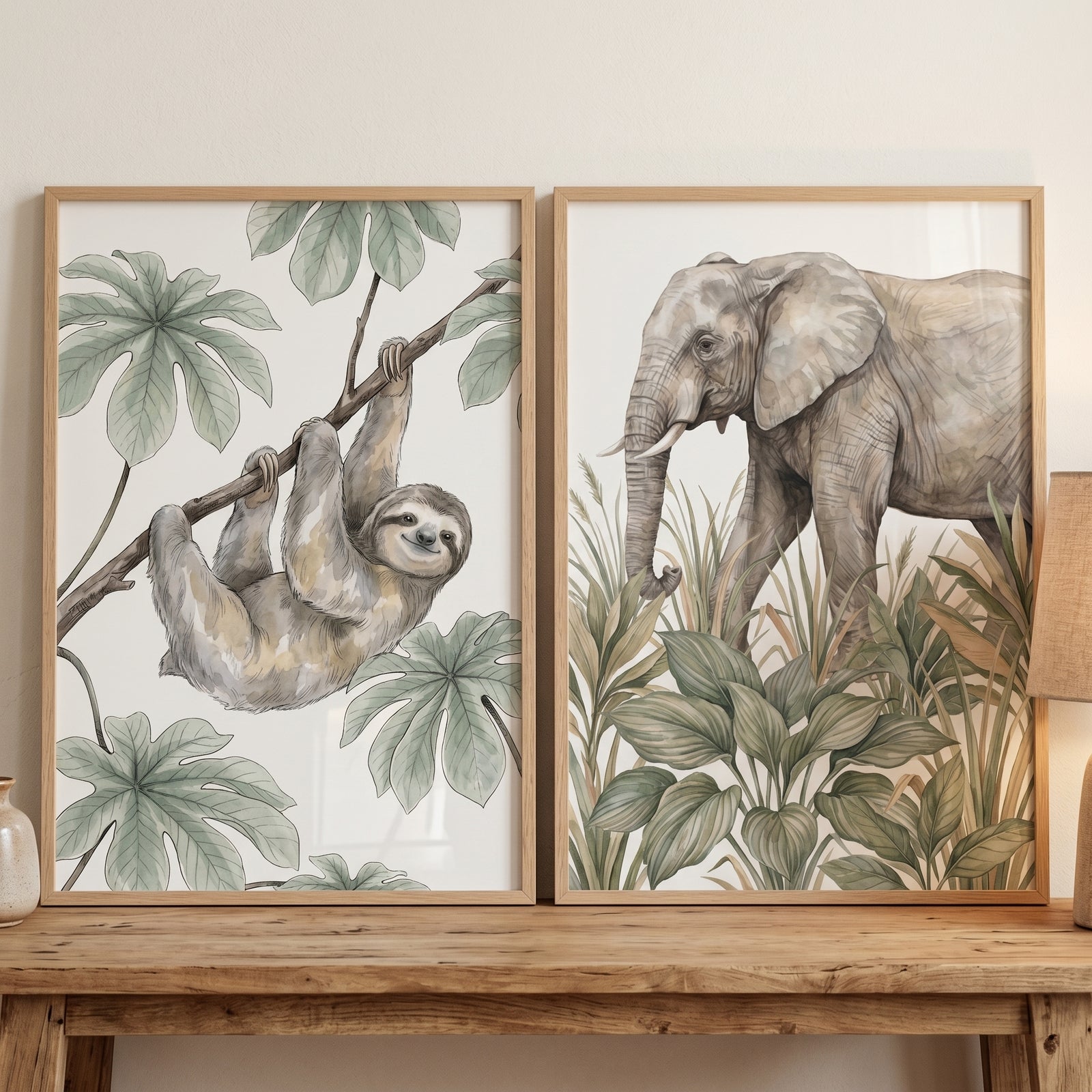 Neutral wildlife animals wall art set of 2 featuring a sloth on a branch and an elephant among large green leaves.