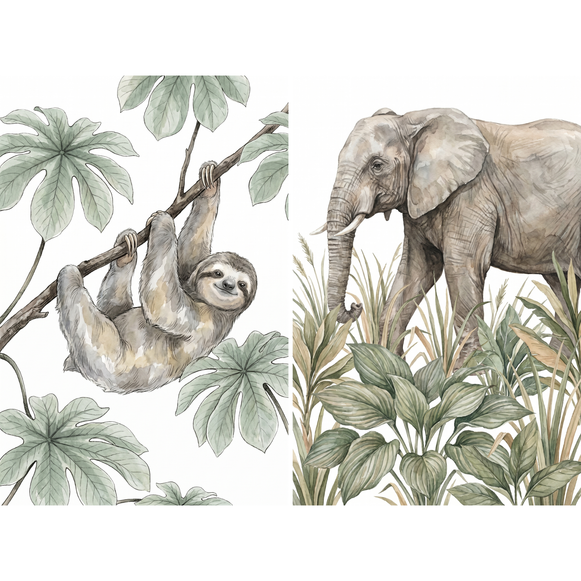 Neutral Wildlife Animals Wall Art Set of 2 - Wild Jungle Friends