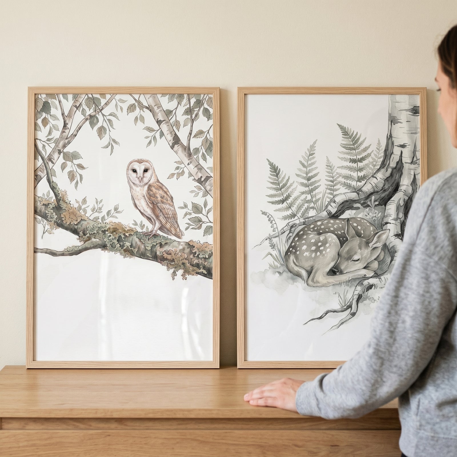 Neutral woodland animals wall art set of 2 featuring framed illustrations of a barn owl and a sleeping fawn.