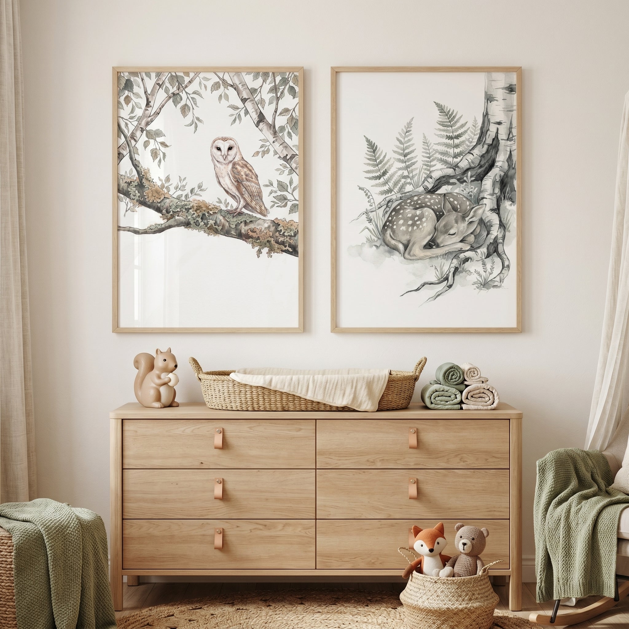Neutral Woodland Animals Wall Art Set of 2 - Woodland Animal Duo