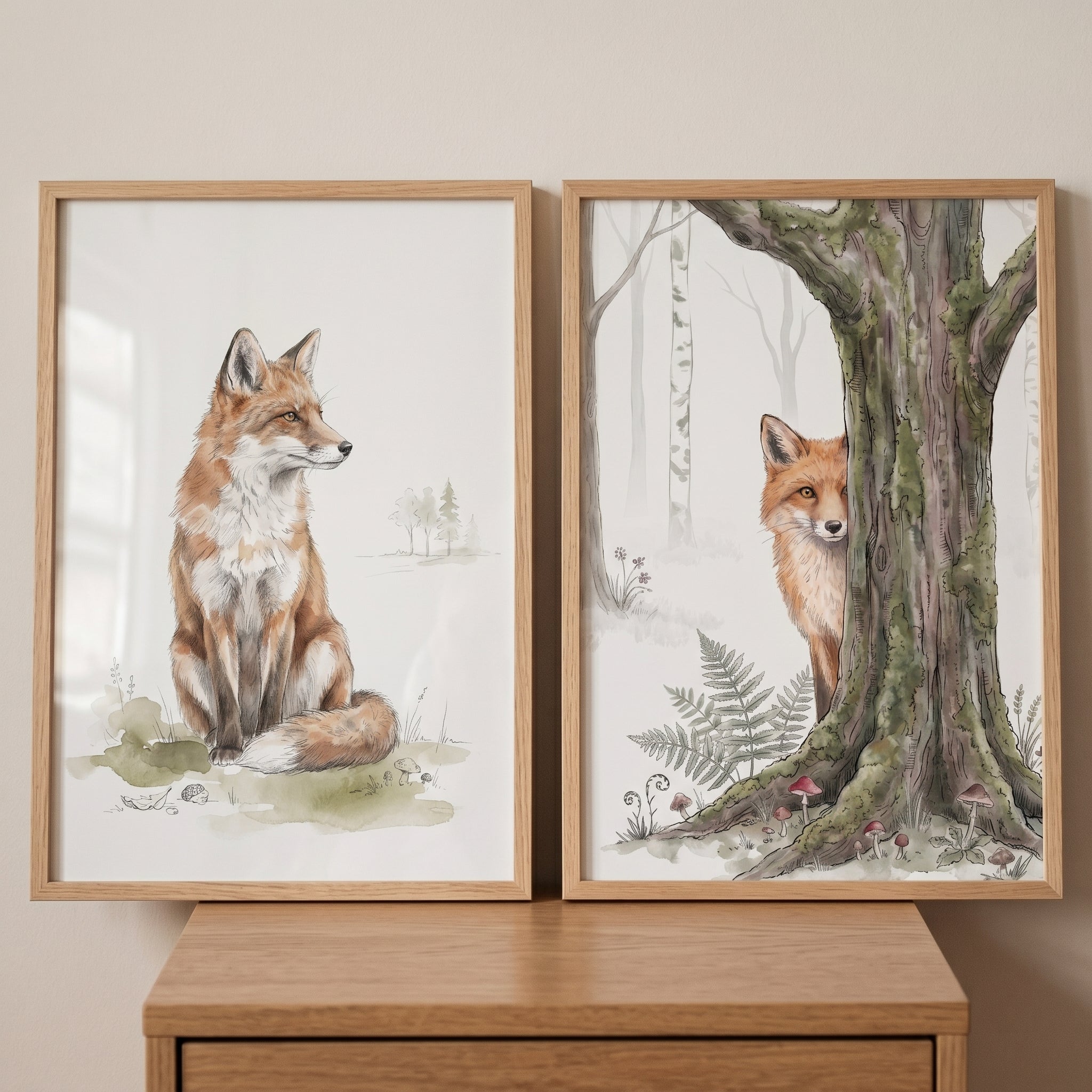 Neutral Woodland Fox Wall Art Set of 2 - Woodland Fox Duo
