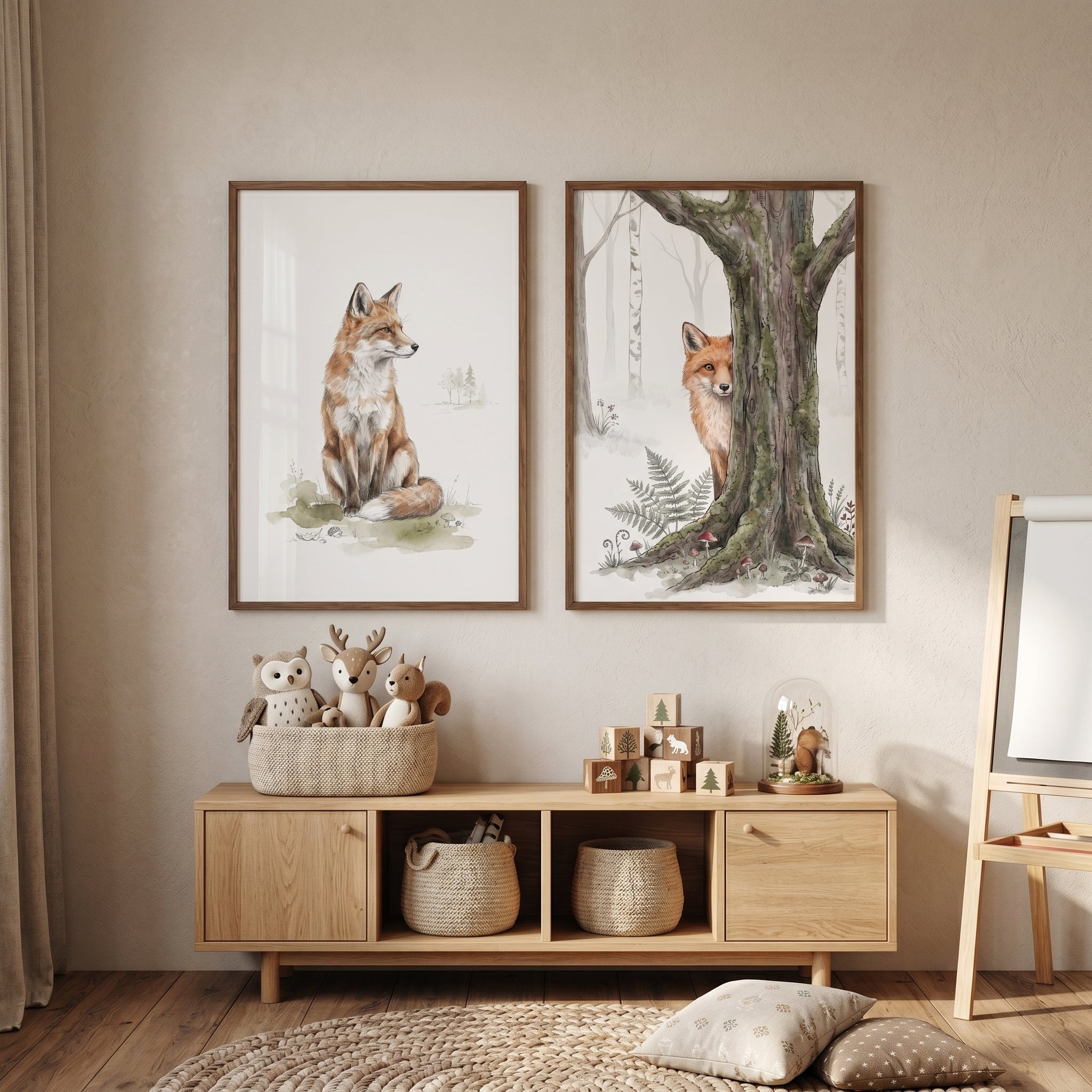 Neutral Woodland Fox Wall Art Set of 2 - Woodland Fox Duo