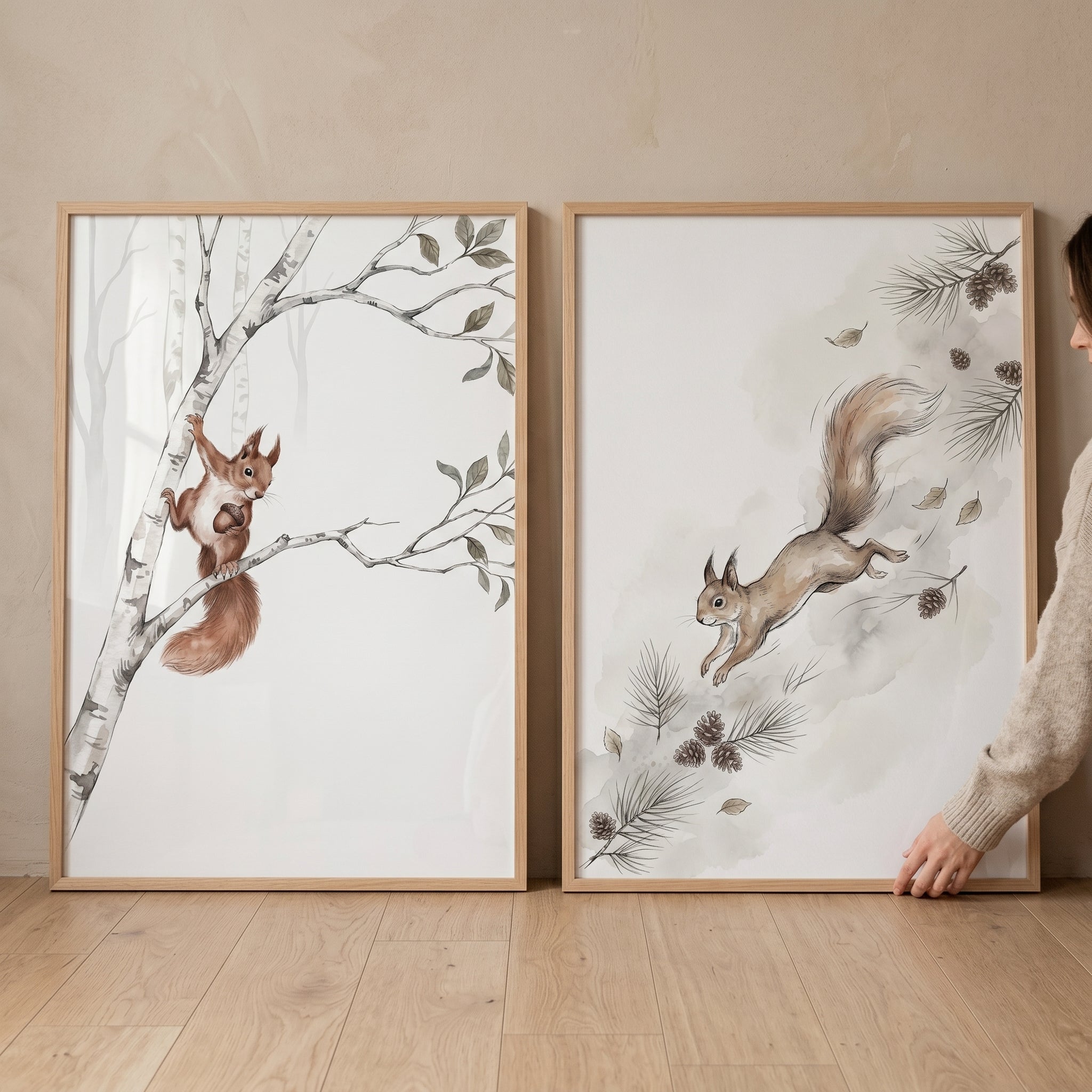 Neutral Woodland Squirrel Wall Art Set of 2 - Woodland Squirrel Duo