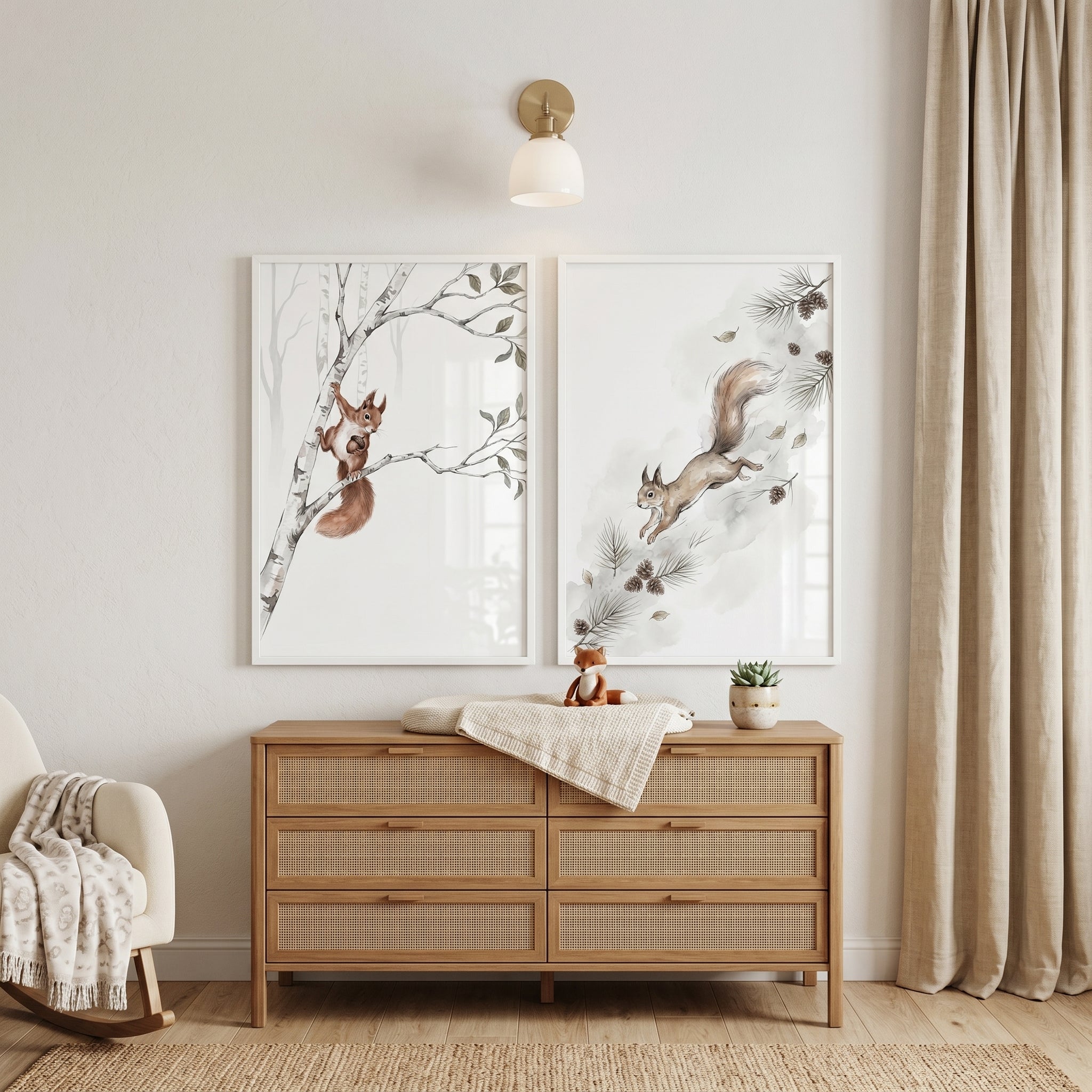Neutral Woodland Squirrel Wall Art Set of 2 - Woodland Squirrel Duo