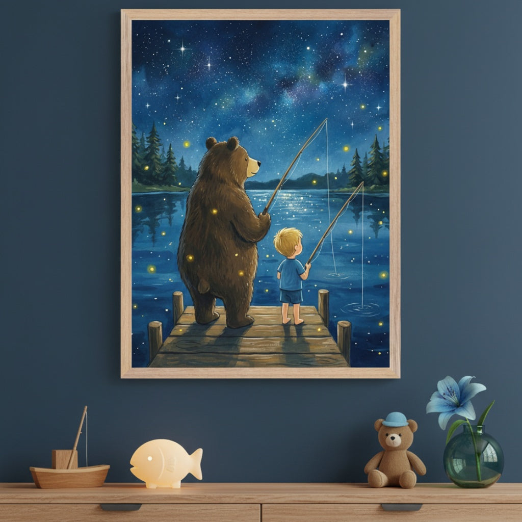 Child's room with a dark blue wall and a wooden dresser. A framed illustration of a bear and a boy fishing on a dock under a starry night sky hangs centered above the dresser. Decorative items include a toy boat, a fish lamp, a teddy bear, and a blue flower.