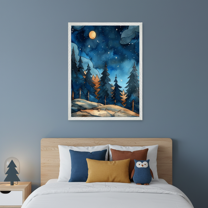 Modern bedroom with a light wood bed and nightstand. A framed watercolor painting of a starry night forest with a full moon hangs centrally above the bed on a blue wall. The bed has white bedding, colorful pillows, and an owl plushie. A tree lamp sits on the nightstand.