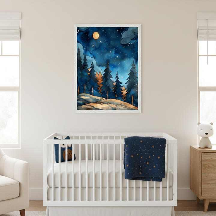 Modern nursery with a white crib, a cream armchair, and a wooden dresser. A framed watercolor painting of a starry night forest scene with pine trees and a moon hangs centered above the crib.