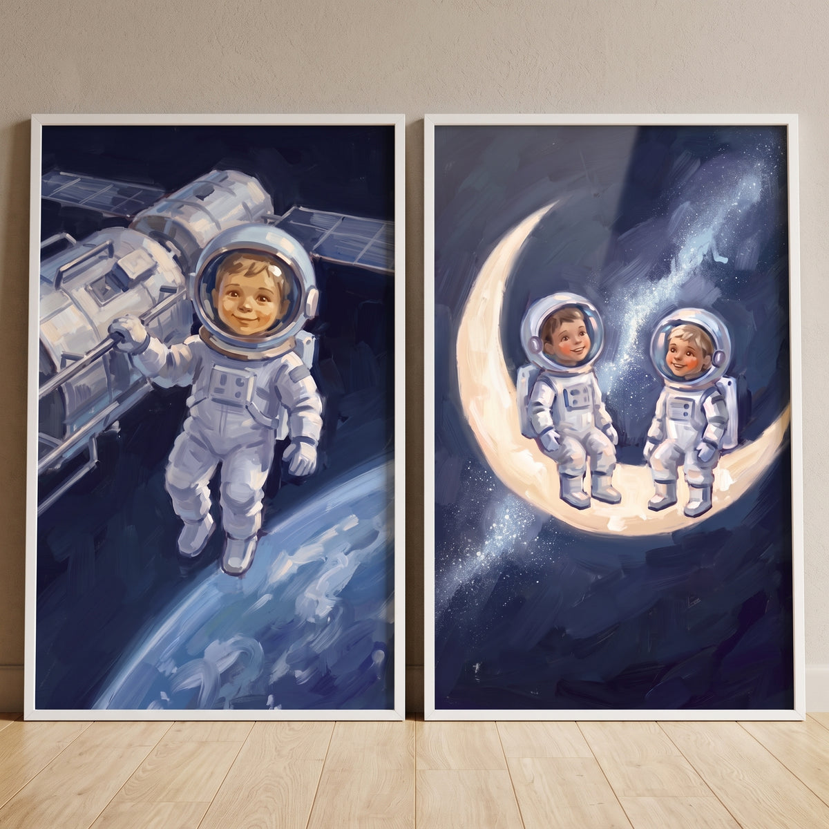 Night Sky Baby Astronaut Wall Art Set of 2 - Galactic Moon Friends