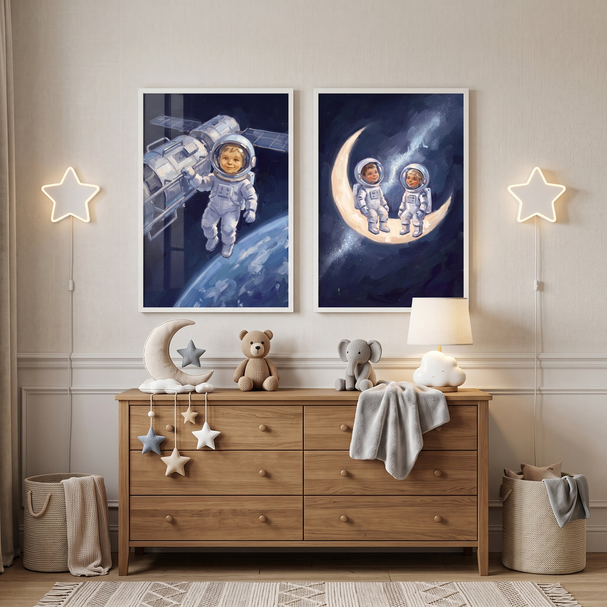 Night Sky Baby Astronaut Wall Art Set of 2 - Galactic Moon Friends