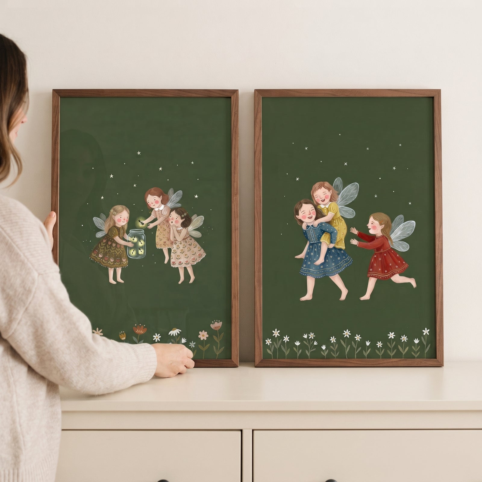 Night sky botanical fairies wall art set of 2 in wood frames featuring whimsical girls on a dark green background.