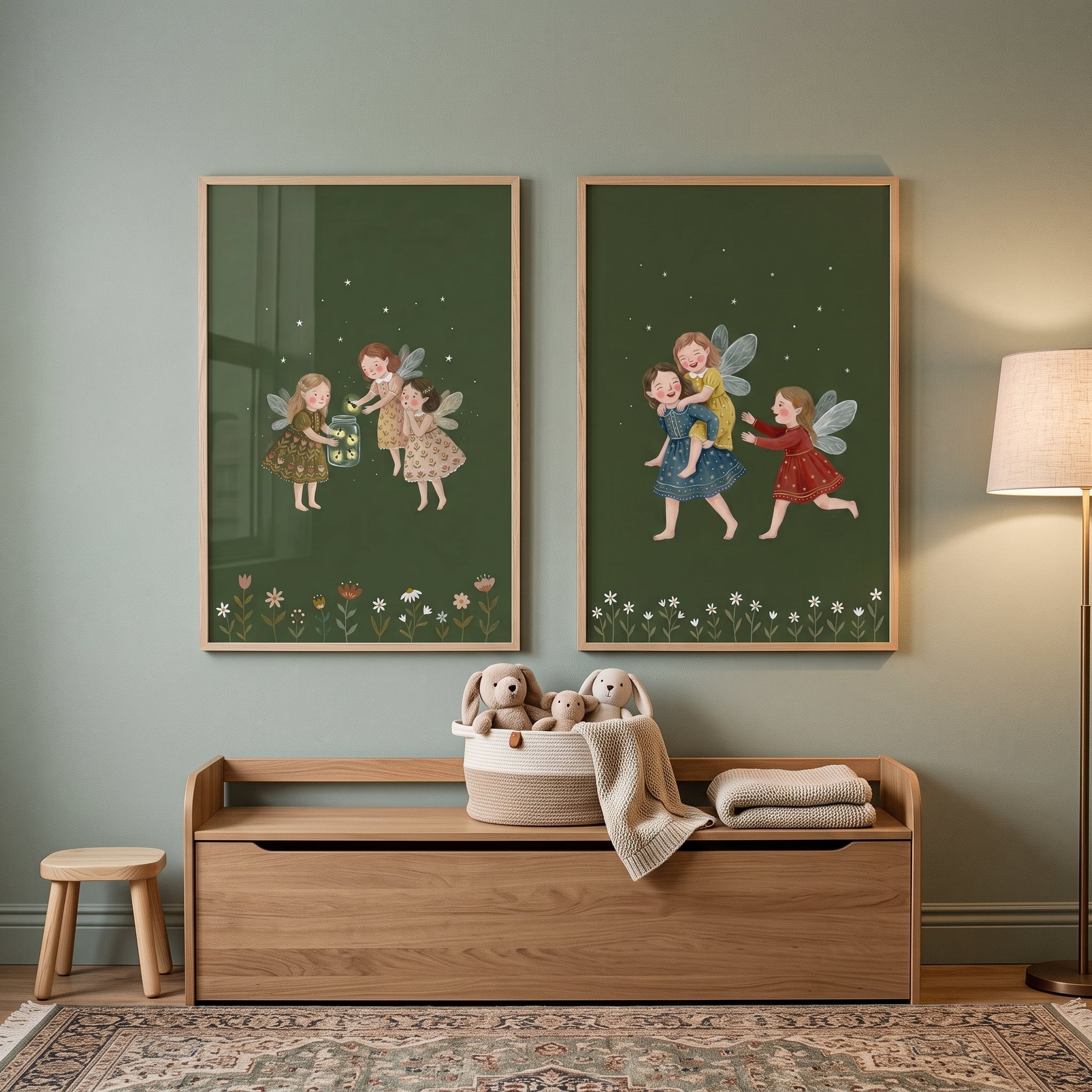 Night Sky Botanical Fairies Wall Art Set of 2 - Magical Firefly Night