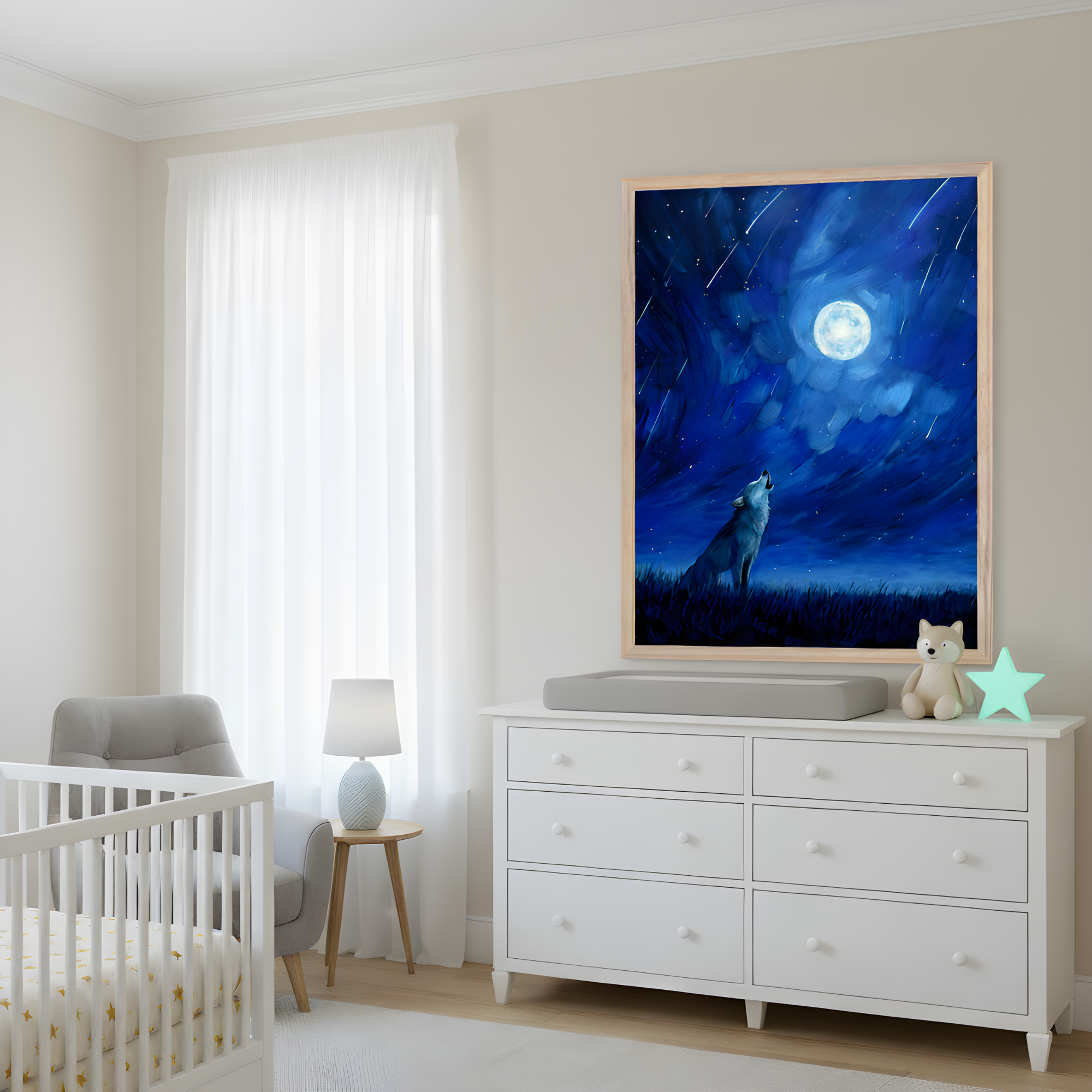 Softly lit nursery features a framed painting of a lone wolf howling at a glowing full moon in a vivid blue night sky streaked with shooting stars. The room includes a white crib with star-patterned bedding, a plush gray chair, and a white dresser topped with a changing pad, a small lamp, and a glowing mint green star nightlight.
