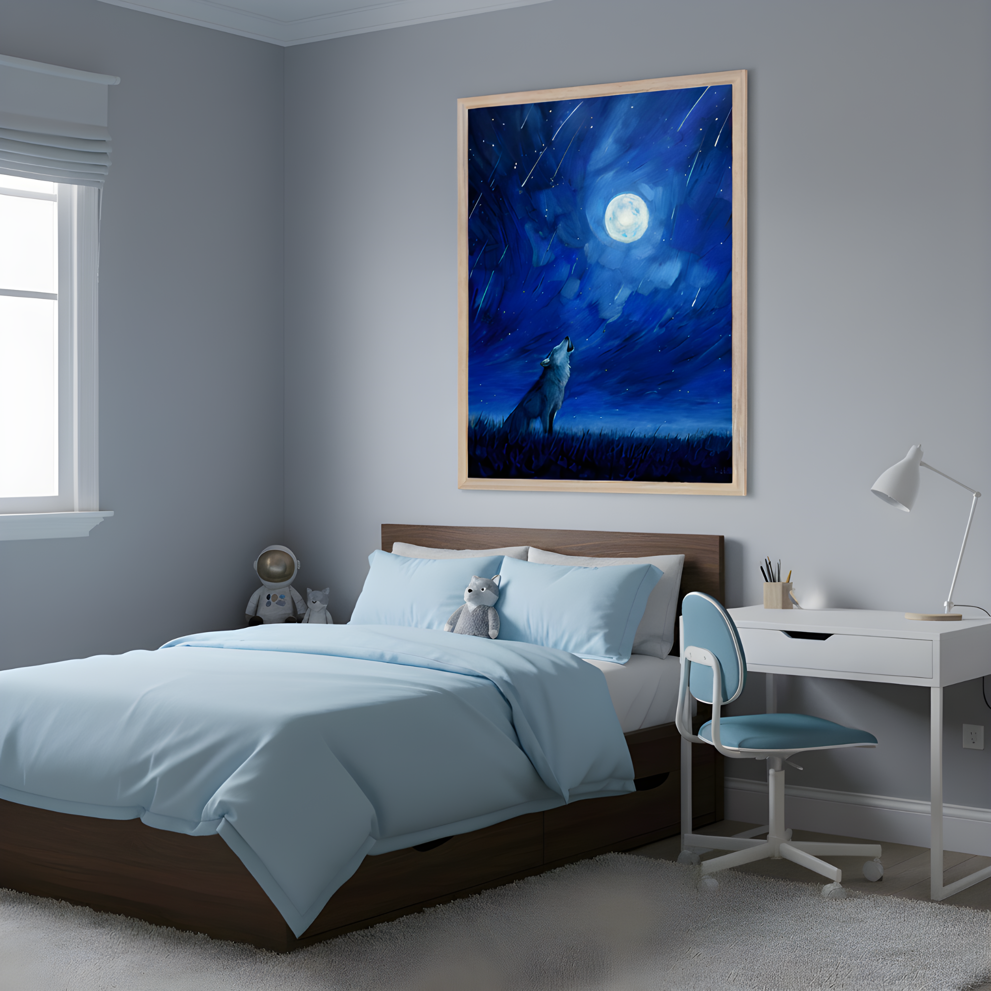 Modern kids' bedroom features a large framed painting of a wolf howling at a bright full moon, surrounded by shooting stars in a deep blue night sky. The bed is made with light blue bedding and decorated with plush toys, while a white desk and chair sit nearby, completing the room’s calm, celestial theme.
