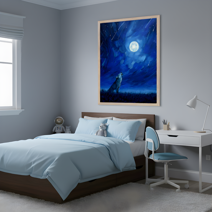 Modern kids' bedroom features a large framed painting of a wolf howling at a bright full moon, surrounded by shooting stars in a deep blue night sky. The bed is made with light blue bedding and decorated with plush toys, while a white desk and chair sit nearby, completing the room’s calm, celestial theme.