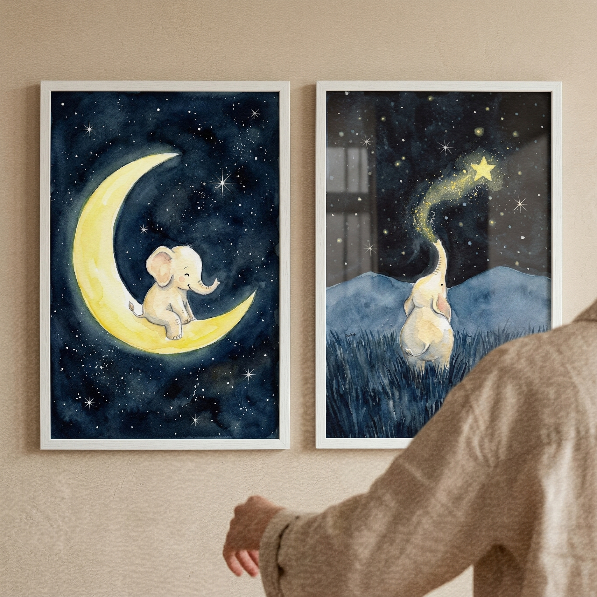 Nighttime Baby Elephant Wall Art Set of 2 - Celestial Elephant Dreams