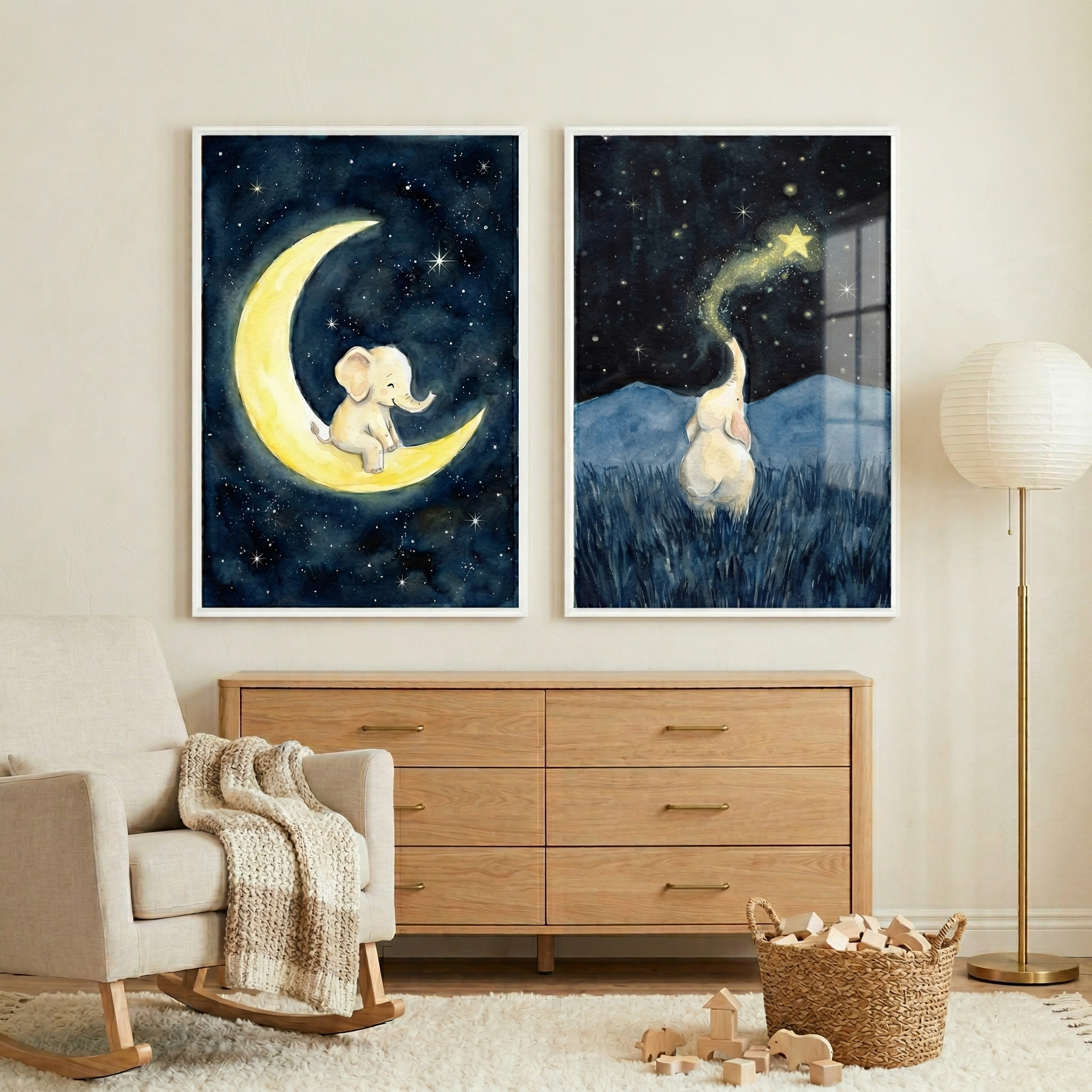 Nighttime Baby Elephant Wall Art Set of 2 - Celestial Elephant Dreams