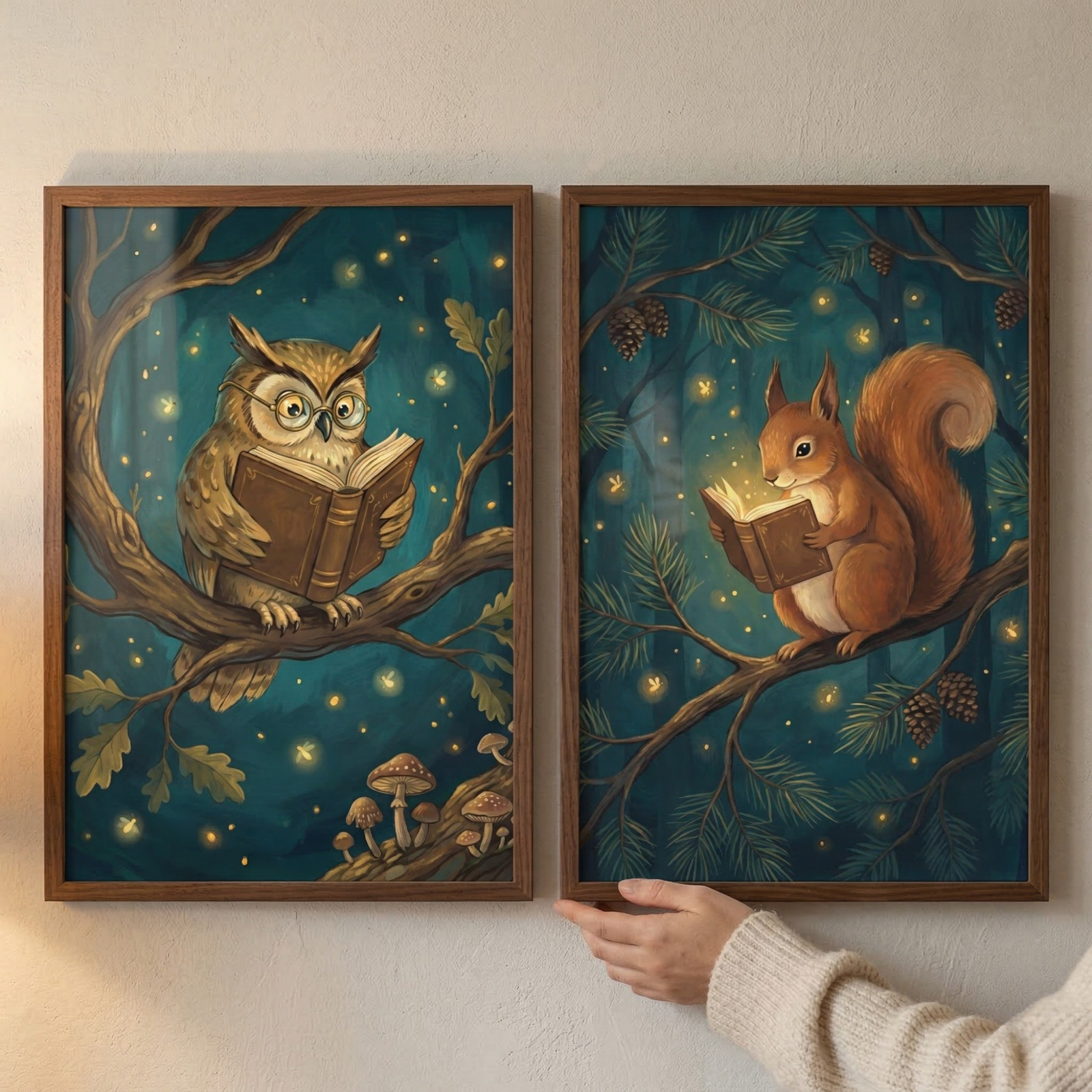 Two framed woodland paintings are being arranged on a light textured wall by a person in a cream sweater whose hand holds the lower edge of one frame. One painting shows an owl in round glasses reading on a branch above small mushrooms and fireflies, and the other shows a squirrel reading a glowing book among pine branches and pinecones in a deep blue forest scene.