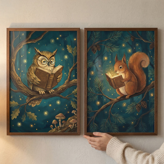 Two framed woodland paintings are being arranged on a light textured wall by a person in a cream sweater whose hand holds the lower edge of one frame. One painting shows an owl in round glasses reading on a branch above small mushrooms and fireflies, and the other shows a squirrel reading a glowing book among pine branches and pinecones in a deep blue forest scene.
