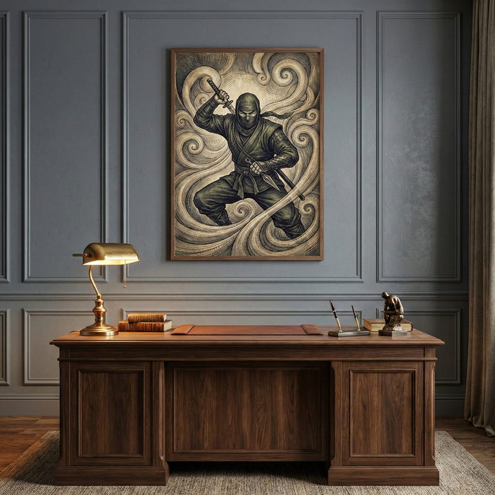 A large framed illustration of a ninja poised with two blades hangs on a paneled gray wall, its swirling background patterns creating a dramatic sense of motion. The artwork sits above a dark wooden desk topped with a brass lamp, stacked books, and decorative objects. The warm lighting contrasts with the cool wall tones, highlighting the bold graphic style of the ninja illustration.