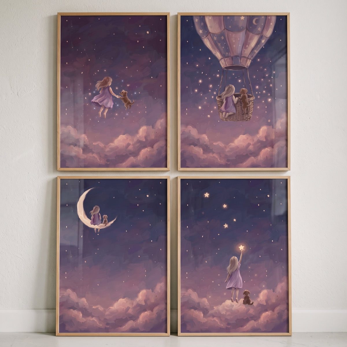 Nocturnal purple girl puppy artwork set of 4 with a child and dog among stars, clouds, a moon, and a hot air balloon.