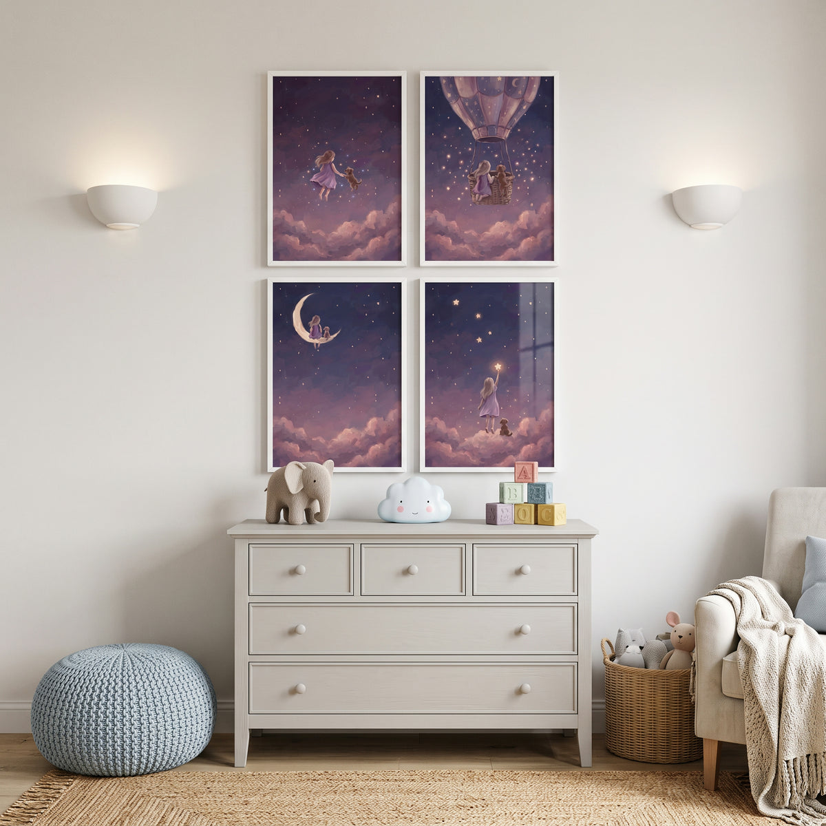Nocturnal Purple Girl Puppy Artwork Set of 4 - Whimsical Star Seekers