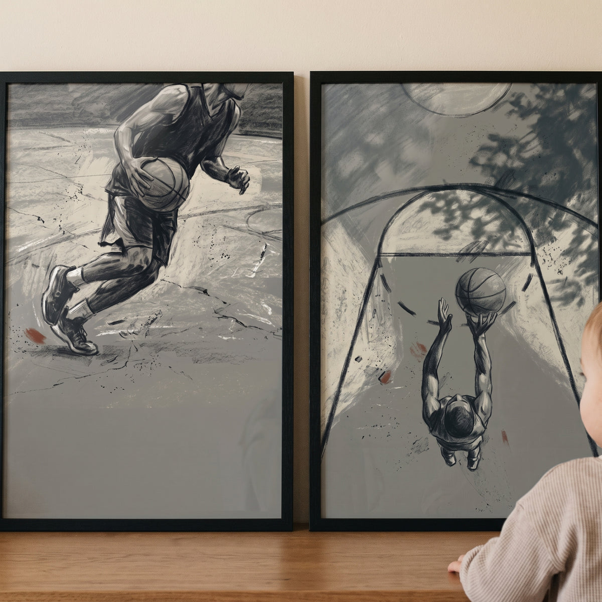 Noir urban basketball player sports wall art set of 2 featuring framed prints of athletes dribbling and shooting.