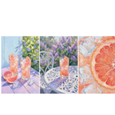 Three panel impressionist style painting of pink grapefruit drinks served over ice. The left panel shows two tall glasses with grapefruit wedges on the rim beside halved grapefruit and melting ice cubes on a lavender wooden table with blue flowers in the background. The center panel features a single grapefruit cocktail on an ornate white metal patio table surrounded by blooming purple lilacs, and the right panel shows a close up of a juicy grapefruit slice in sparkling water with visible bubbles.