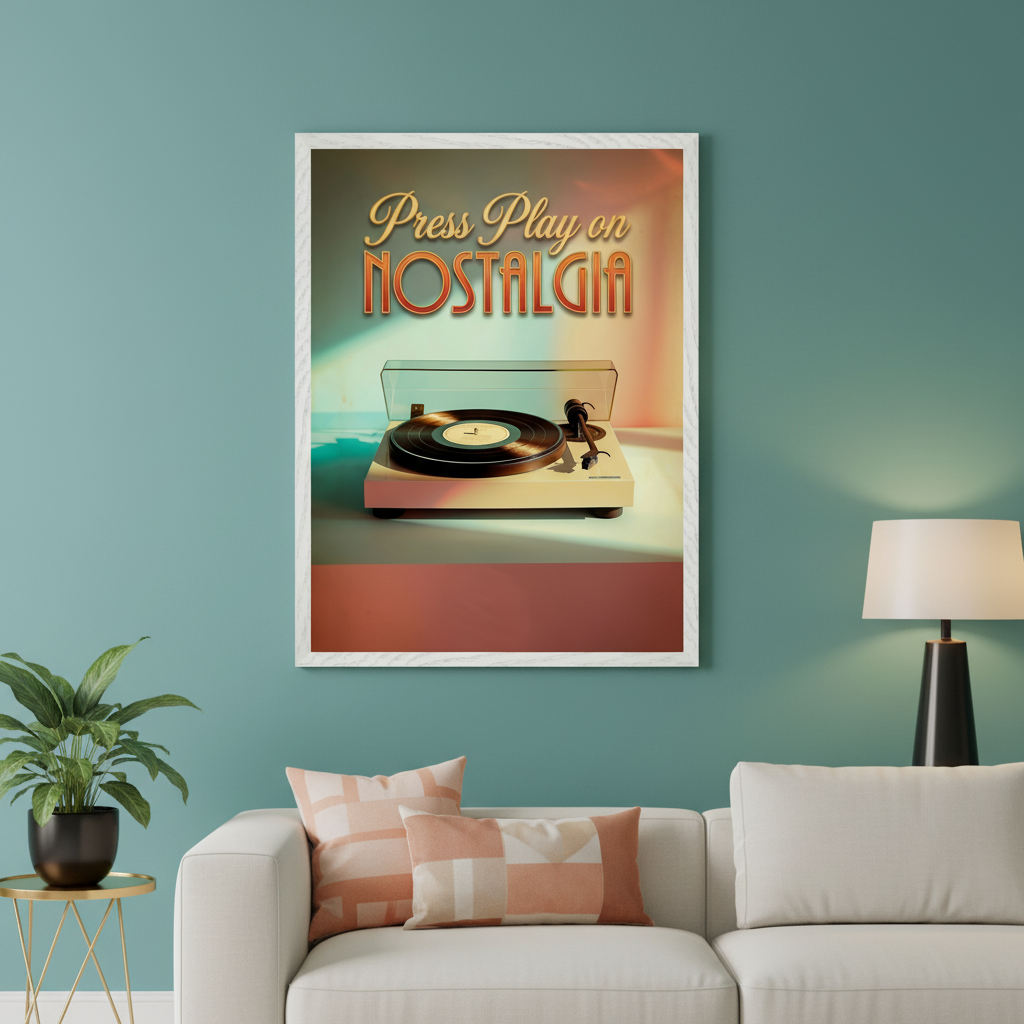 Living room with a white sofa and peach-patterned cushions. A large framed poster hangs above the sofa, featuring a retro-style turntable below the text "Press Play on NOSTALGIA" in gold and orange. A potted plant is on a gold side table to the left, and a table lamp is to the right.