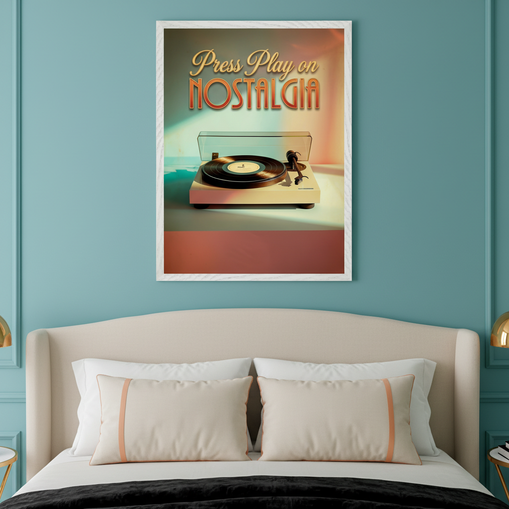 Bedroom with teal walls and a beige upholstered bed. A white-framed print hangs above the bed, featuring a retro record player and the text "Press Play on Nostalgia" against a teal and peach background.