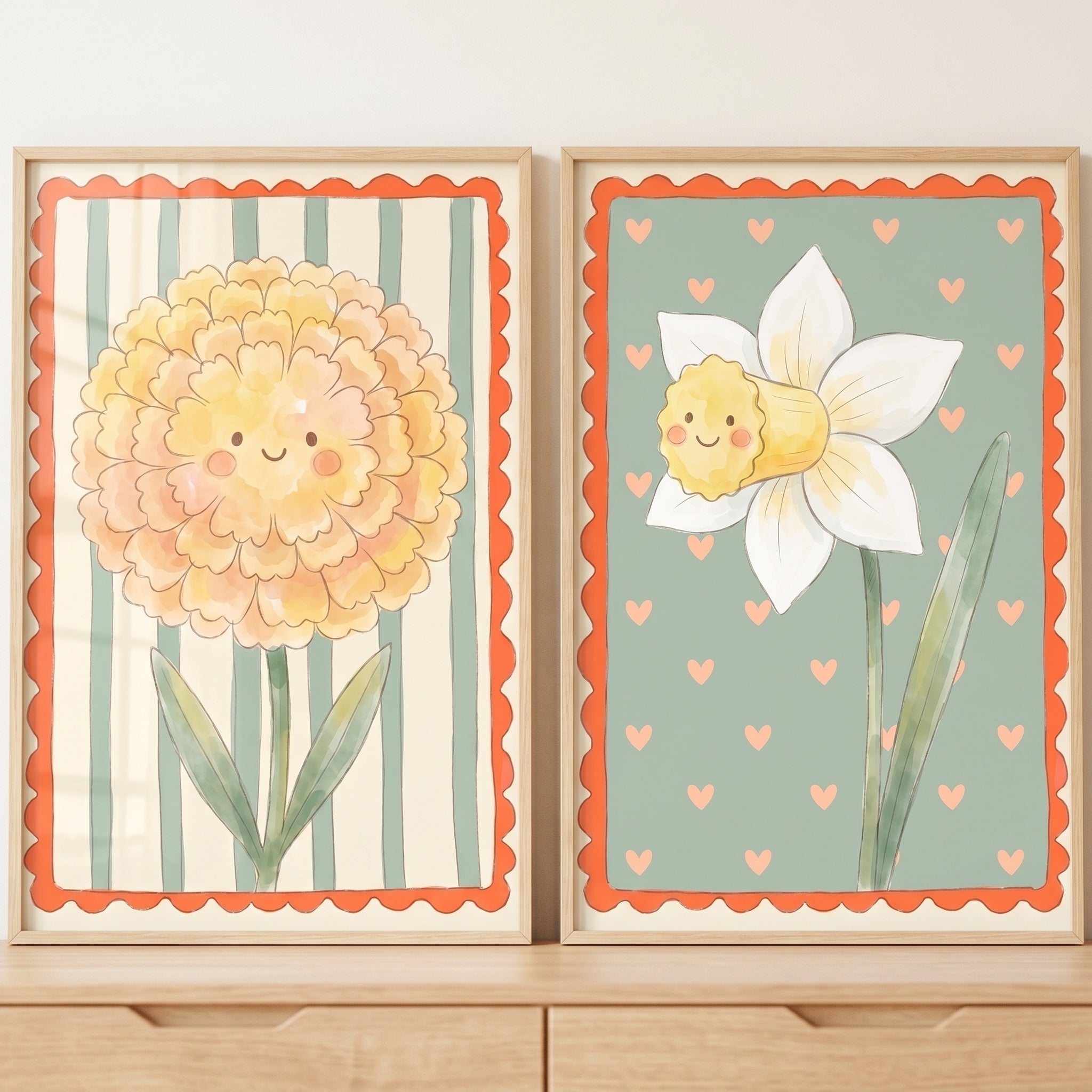 Nostalgic Smiling Flower Wall Art Set of 2 - Happy Floral Blooms