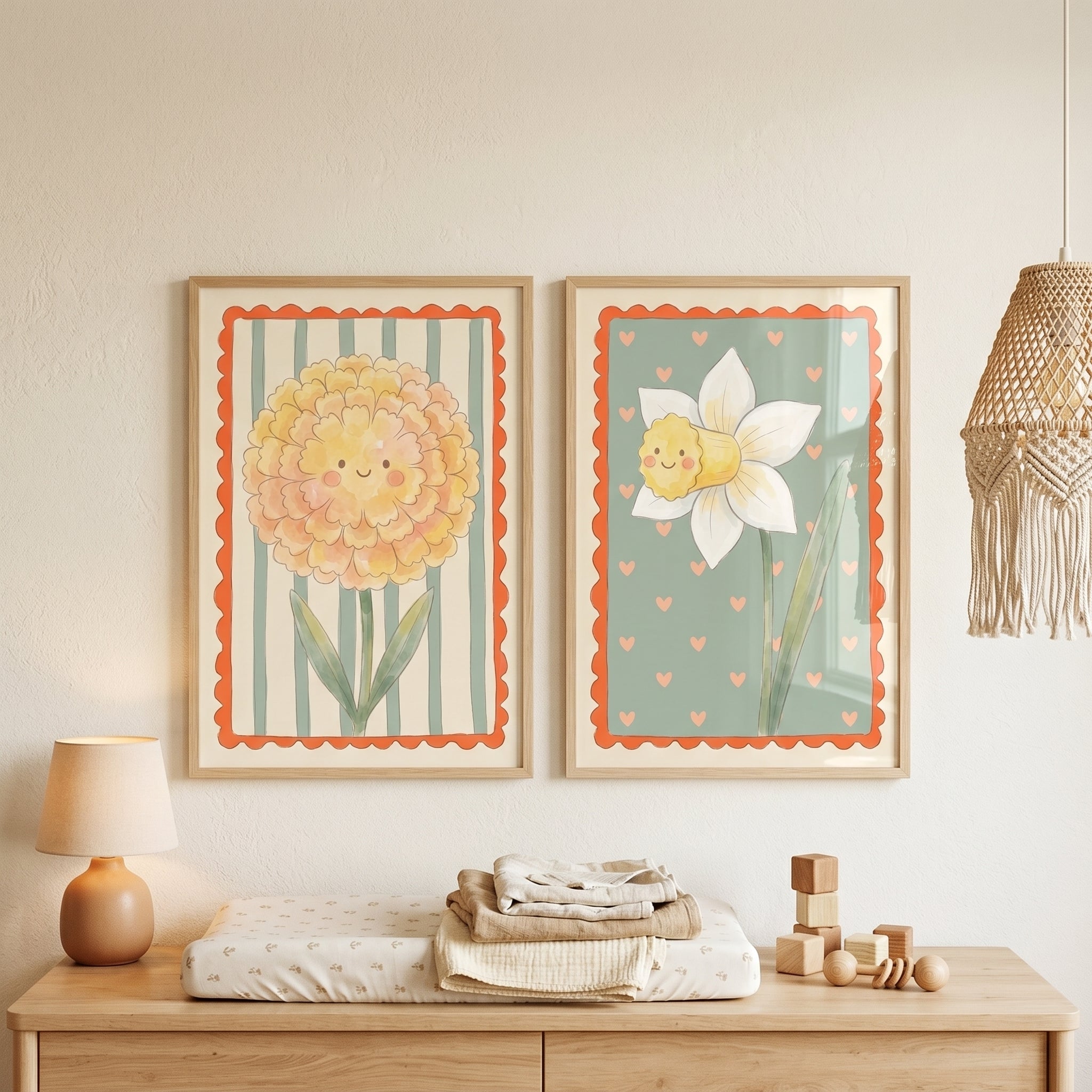 Nostalgic Smiling Flower Wall Art Set of 2 - Happy Floral Blooms