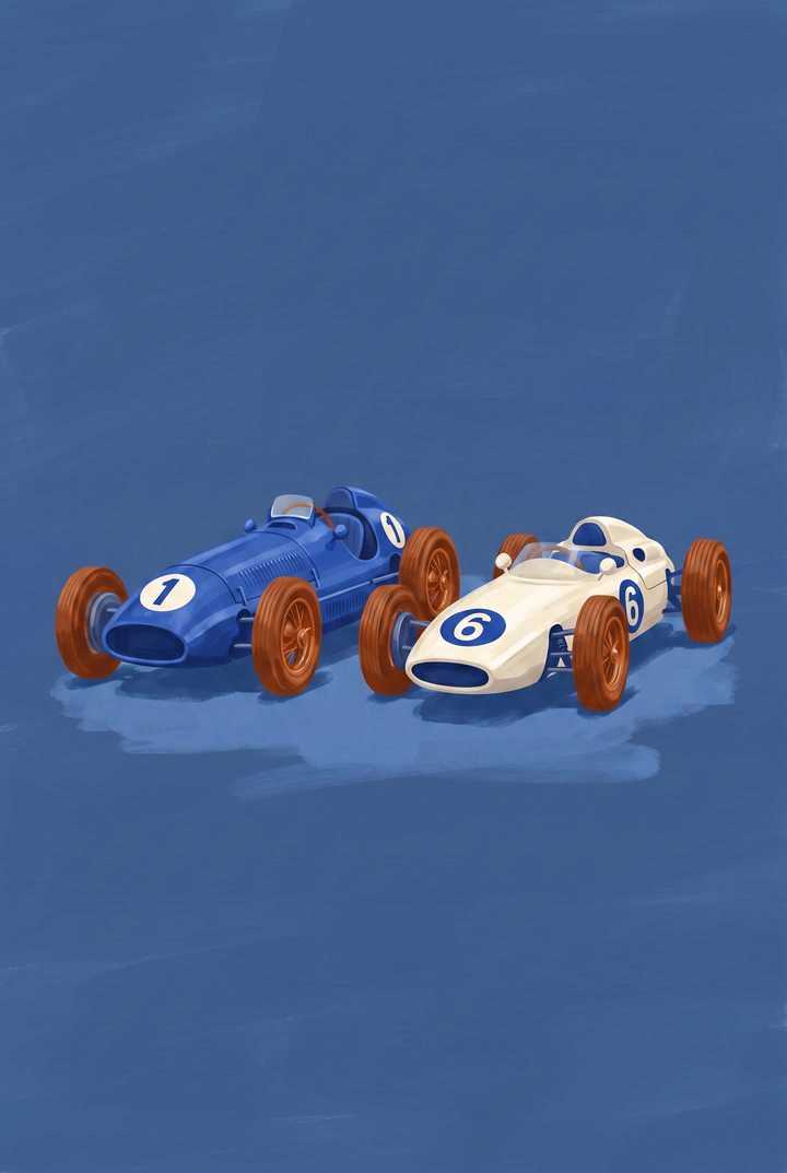 Vintage race cars with numbers one and six on a blue background, including number one blue car wall art.
