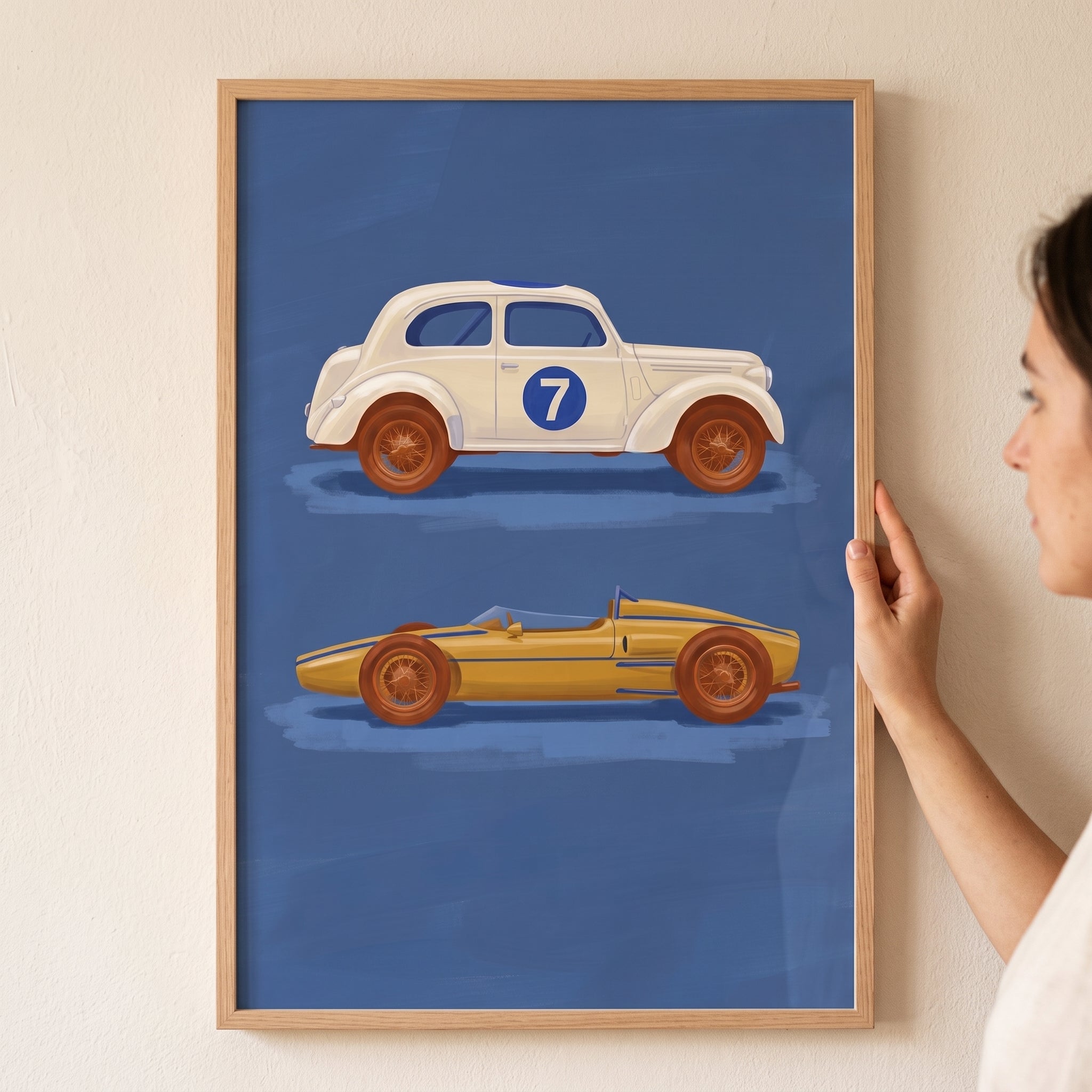Number Seven White Car Wall Art - Vintage Racing Duo