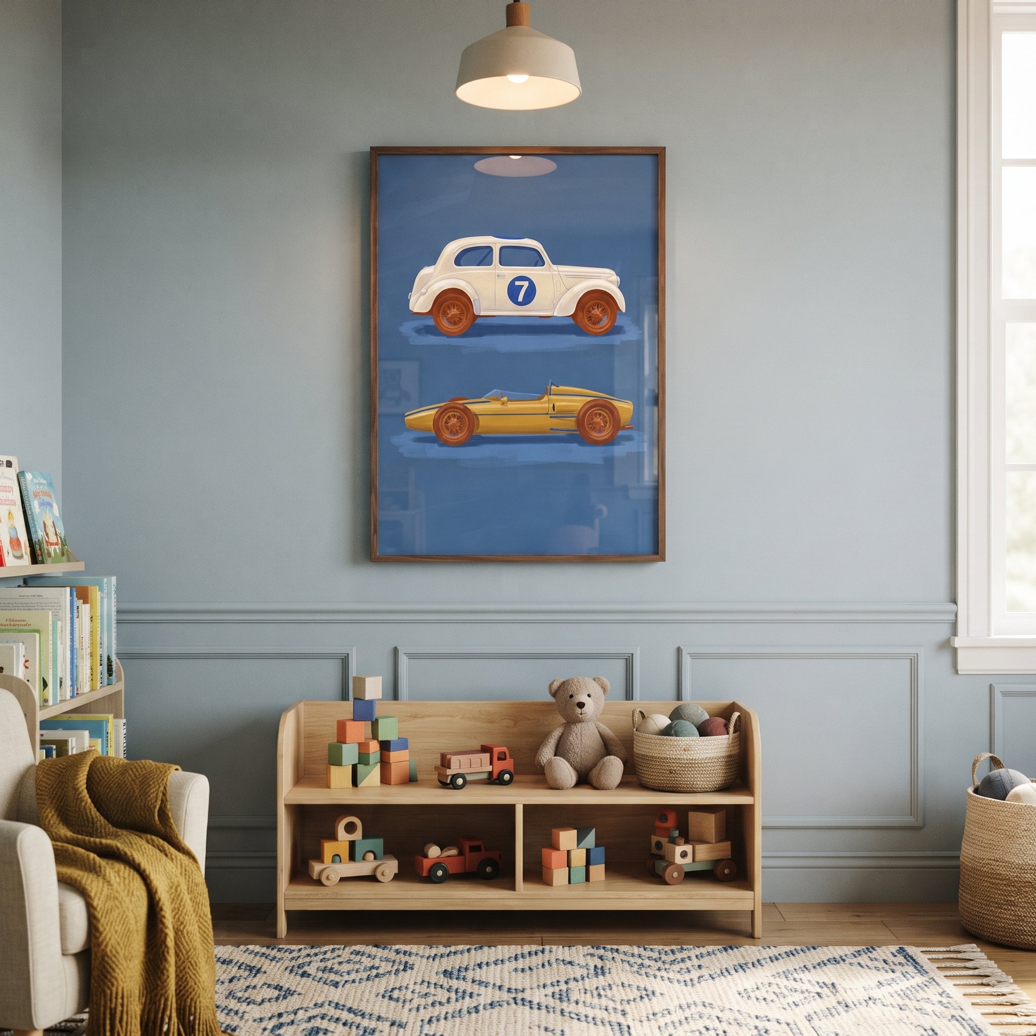 Number Seven White Car Wall Art - Vintage Racing Duo